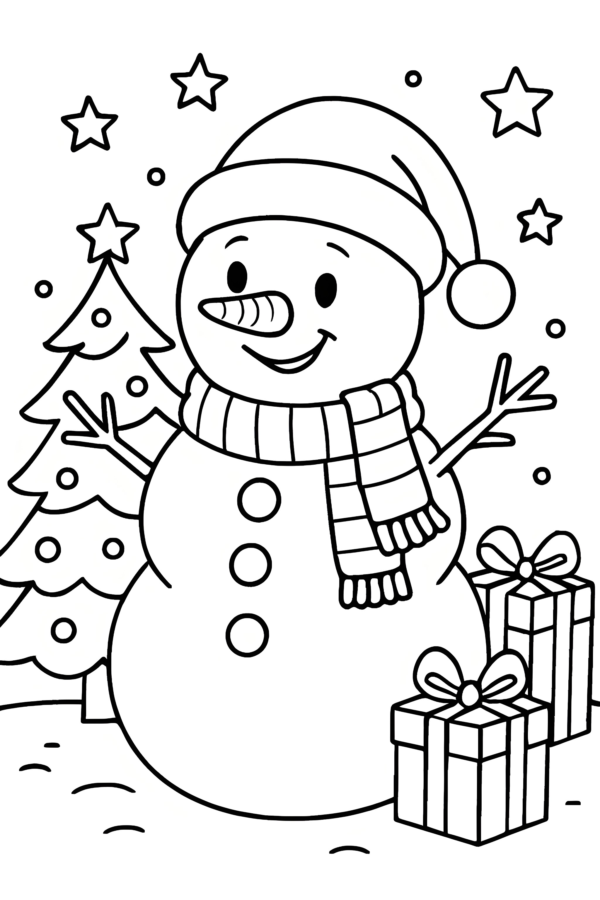 Coloring page featuring a snowman wearing a hat and scarf, surrounded by a Christmas tree and wrapped gifts