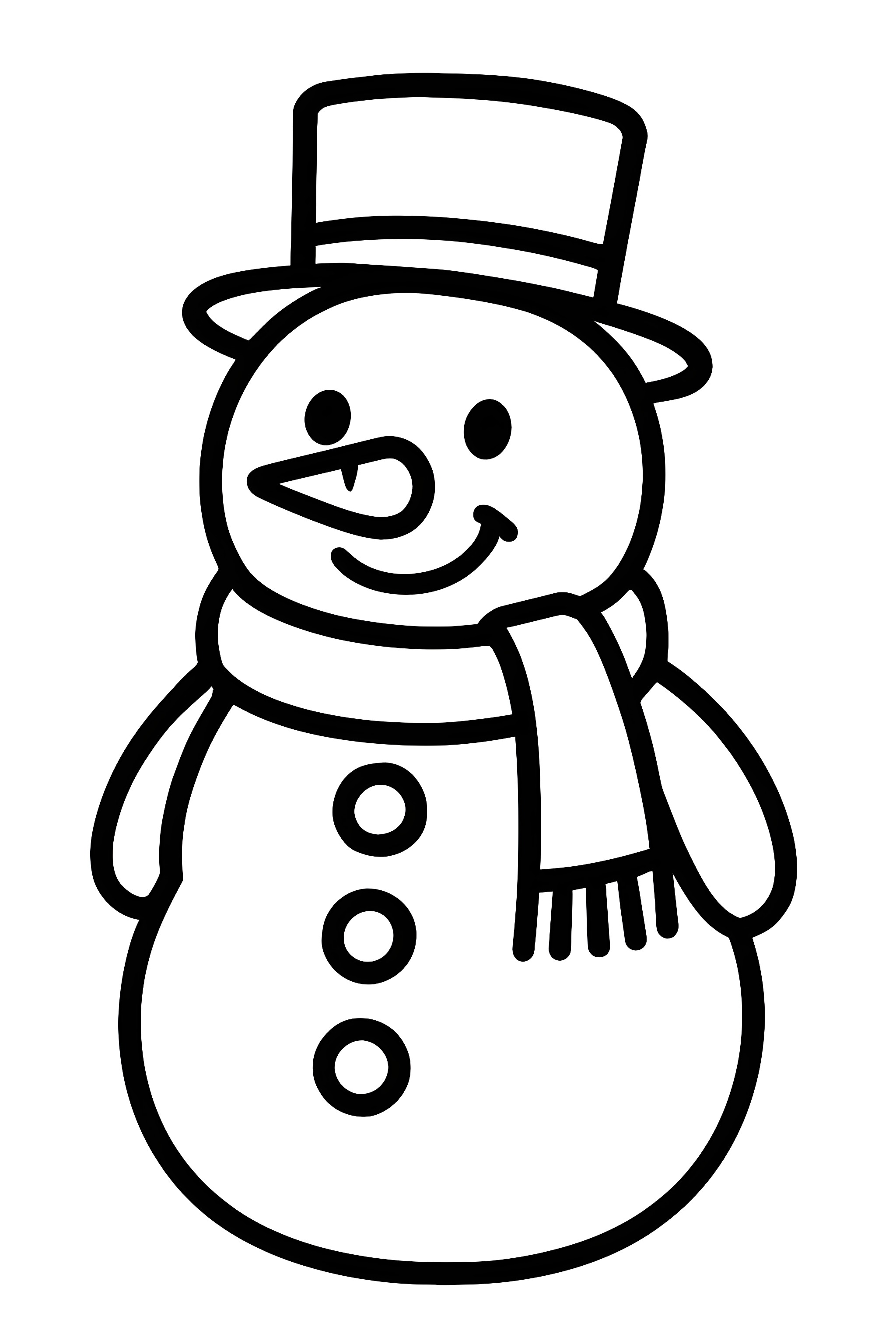 Cheerful snowman wearing a scarf and a top hat, with a carrot nose and button details
