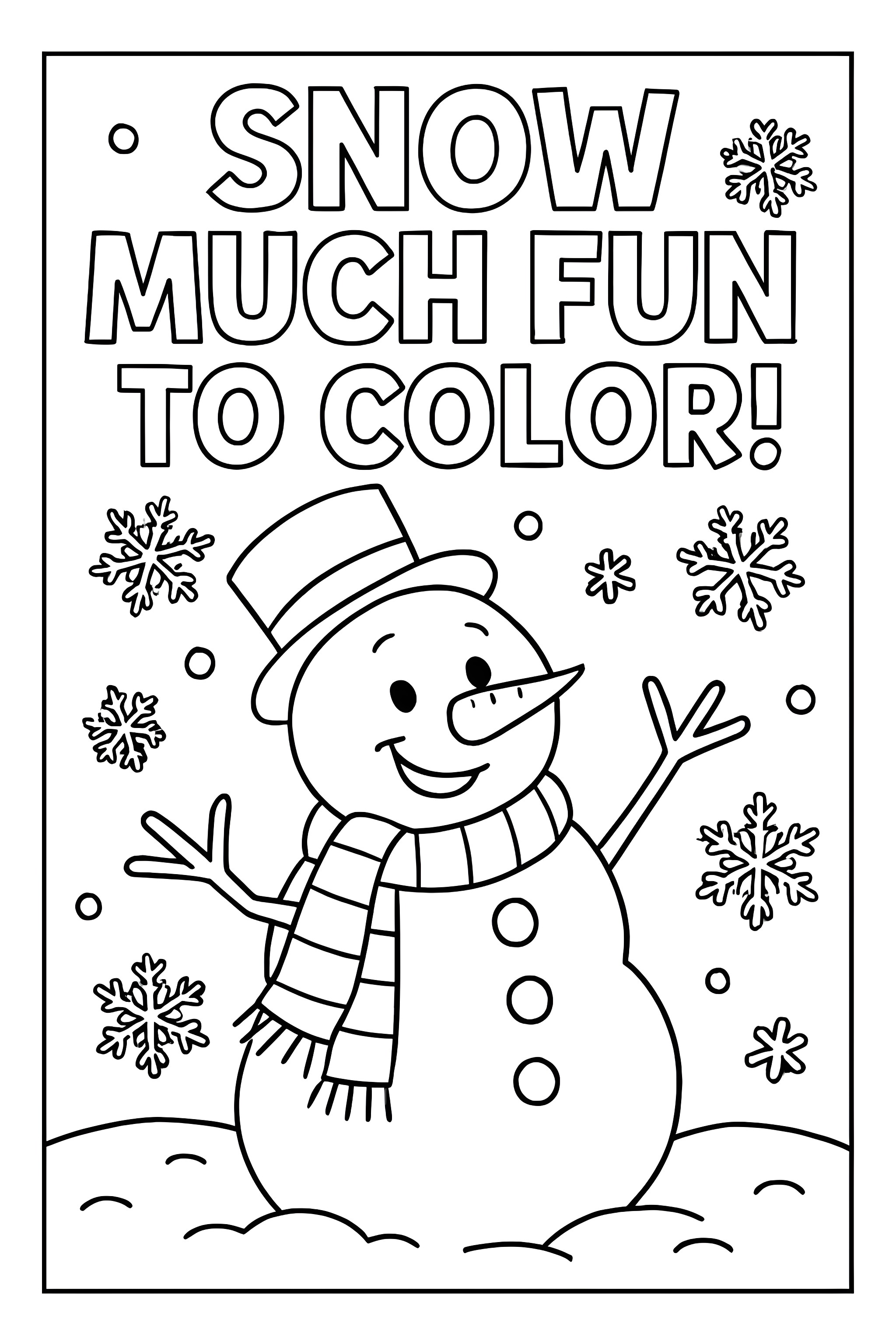 Coloring page of a smiling snowman dressed with a hat and scarf, surrounded by snowflakes