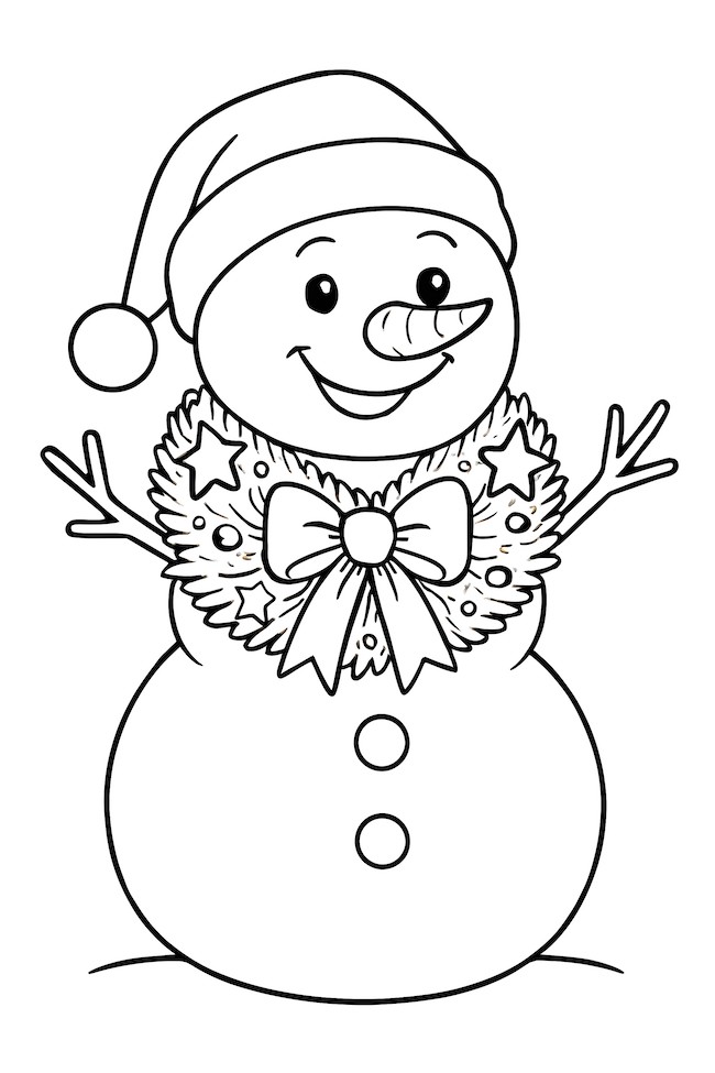 Snowman wearing a Christmas wreath as a scarf decorated with stars and a bow