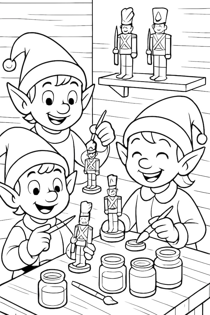 Coloring page of cheerful elves painting toy soldiers with bright colors, surrounded by paint jars and brushes