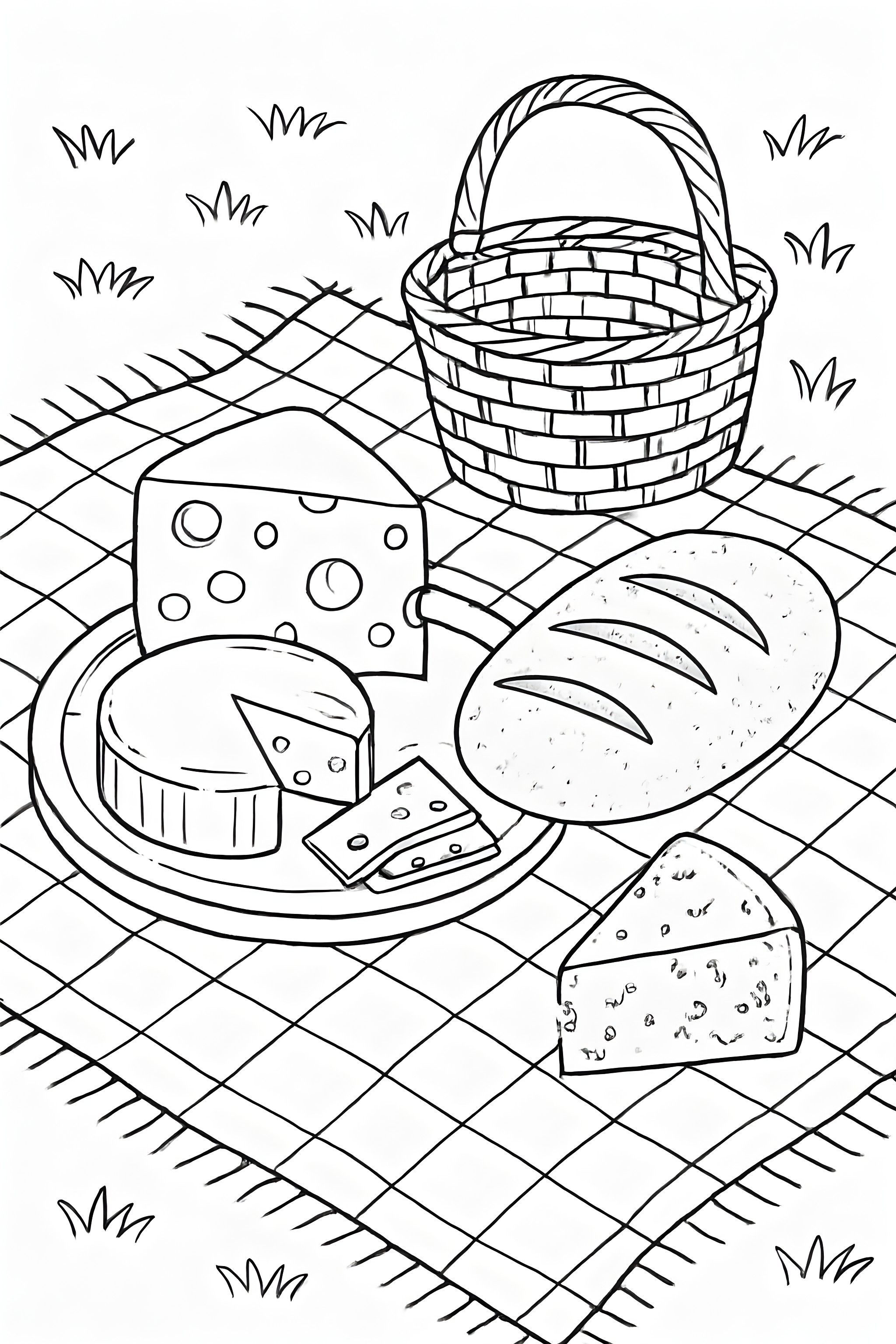 Coloring page of a picnic scene with various cheeses, a loaf of bread, and a woven basket on a blanket in a grassy setting