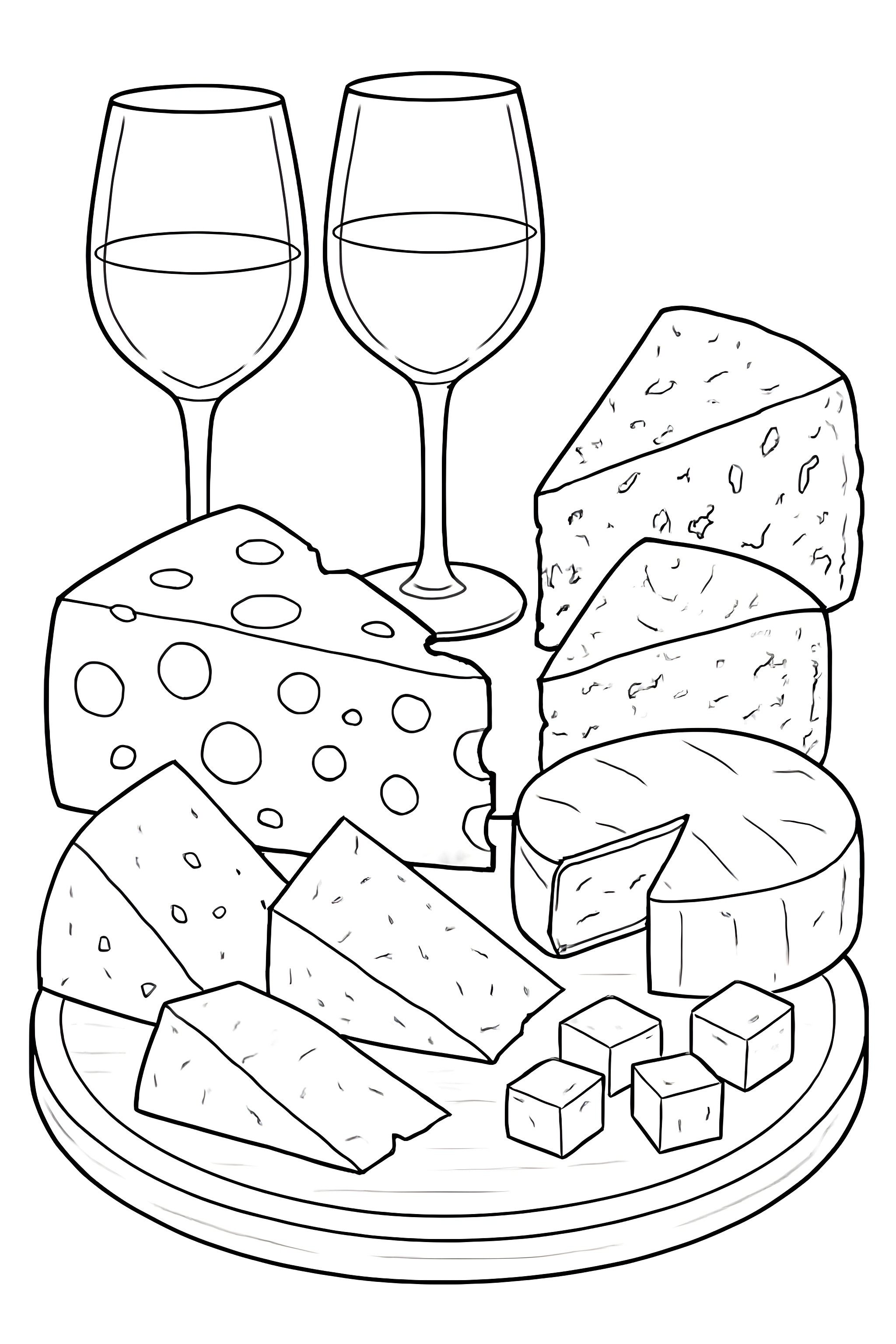 Coloring page featuring a cheese platter with various cheese types and two wine glasses