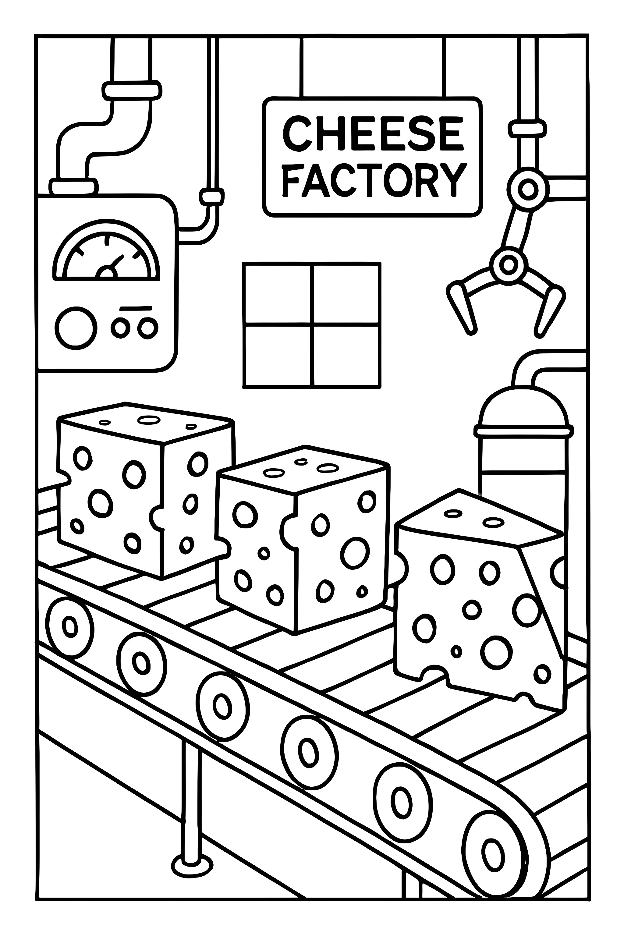 Coloring page featuring a cheese factory conveyor belt with cheese blocks and factory equipment in the background.