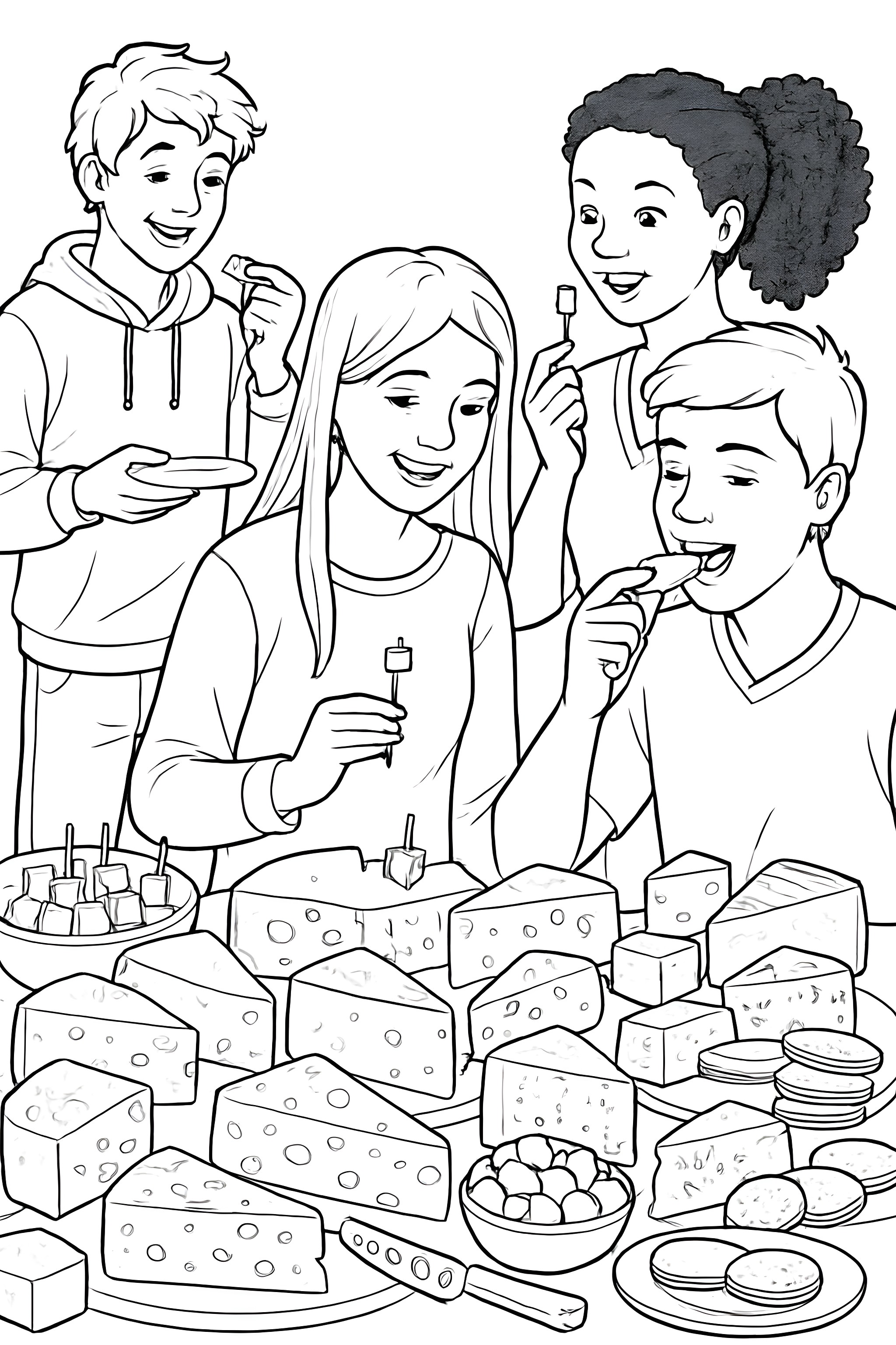 Guests sampling a variety of cheeses at a buffet, with several cheese types and small plates of snacks visible