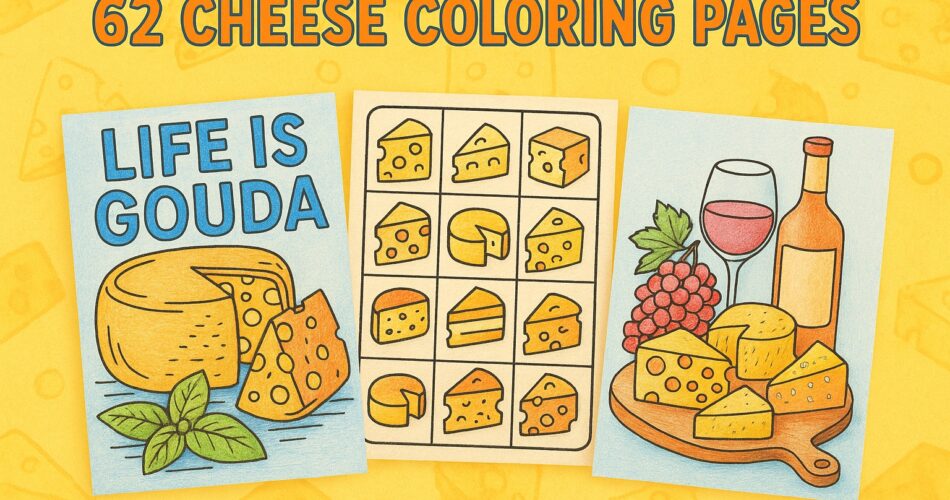 Three colored cheese-themed coloring pages arranged on a yellow background with the title ‘62 Cheese Coloring Pages.’ The first page says ‘Life Is Gouda’ with a Gouda wheel and basil leaves. The second shows a grid of various cheese illustrations. The third depicts a wine bottle, glass, grapes, and assorted cheese on a board.