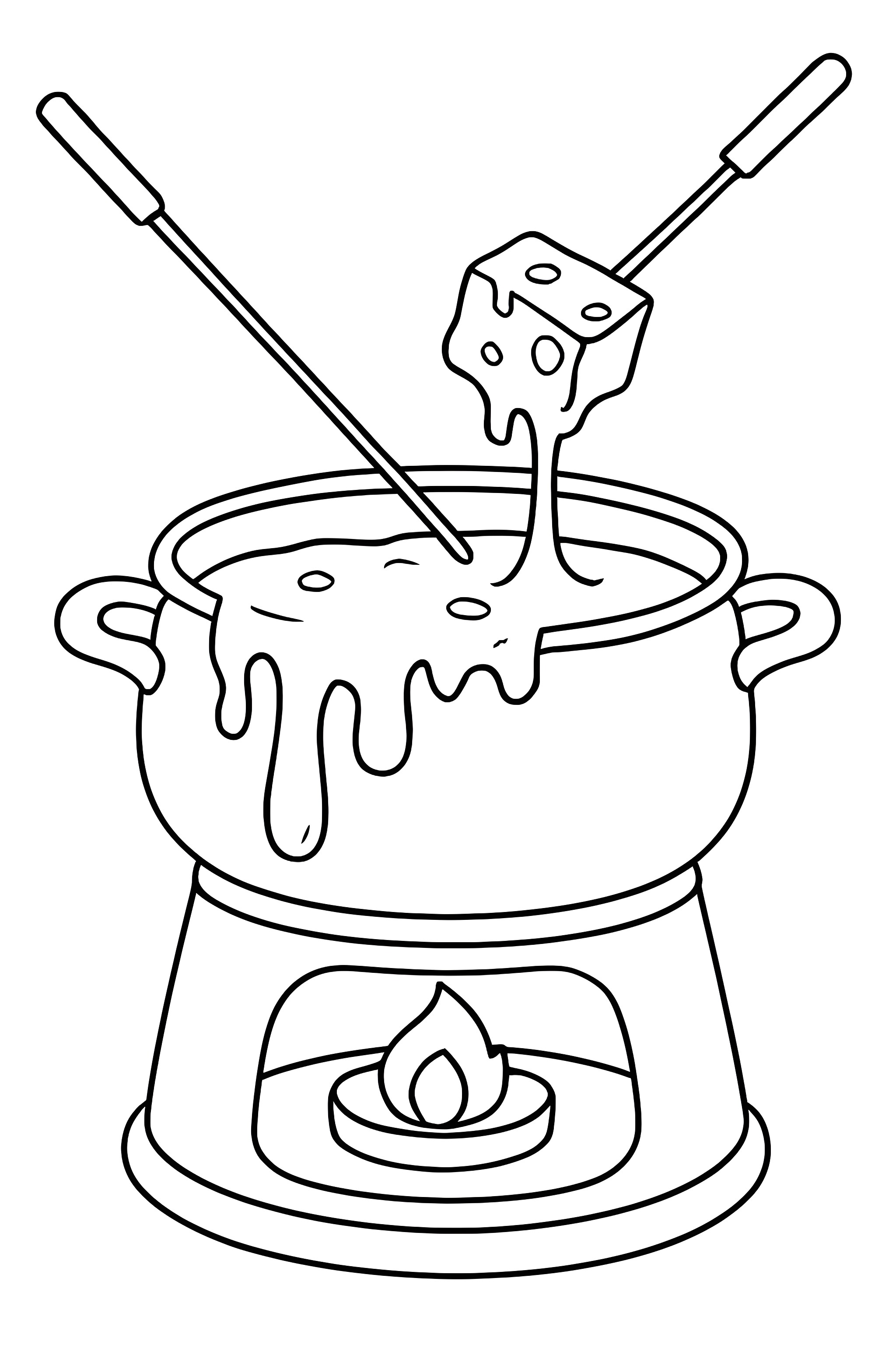 Coloring page of a cheese fondue pot with cheese dripping over the edge and two forks holding dipping cubes over a candle