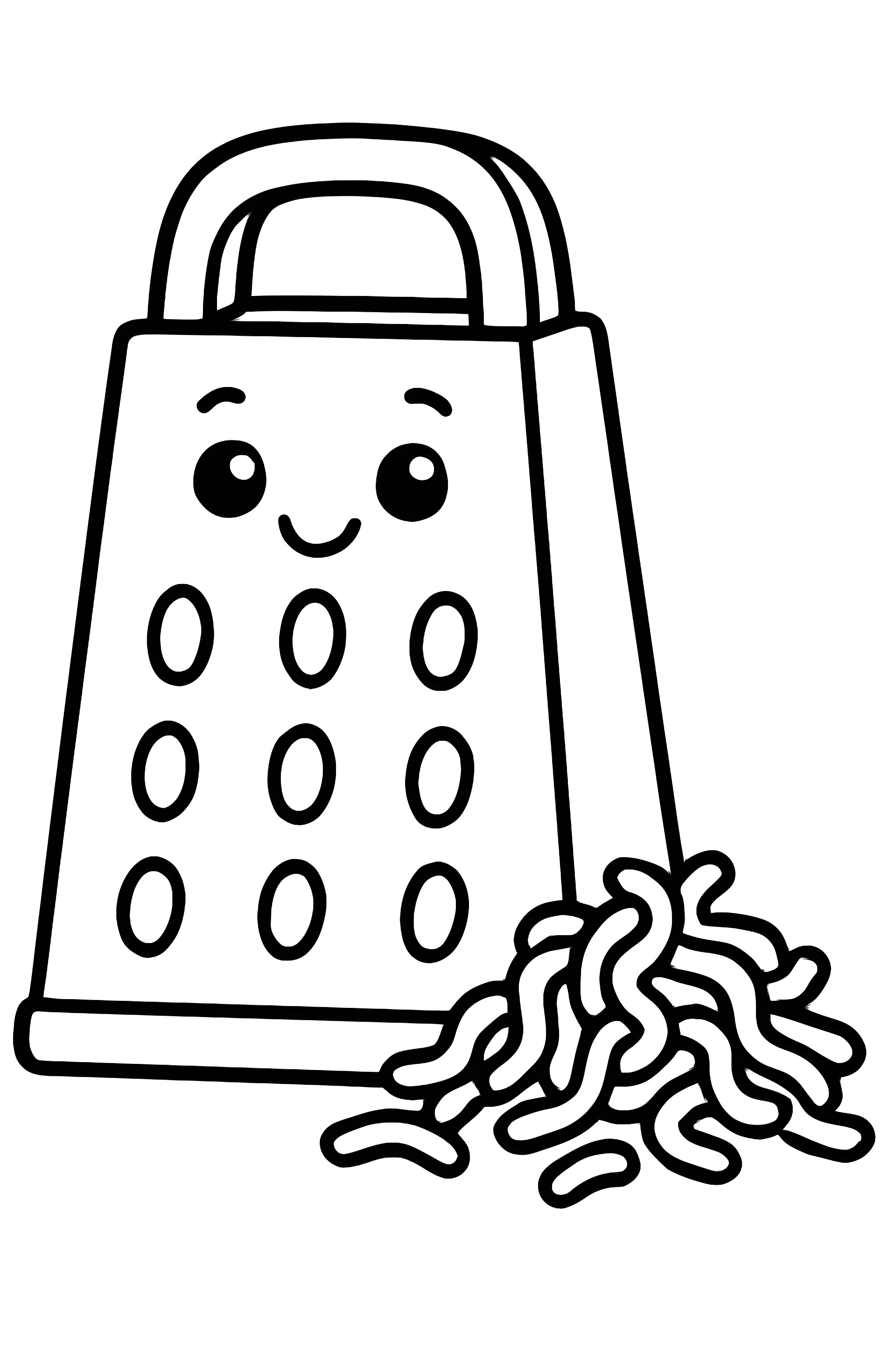 A cheese grater with a friendly expression and a pile of shredded cheese beside it