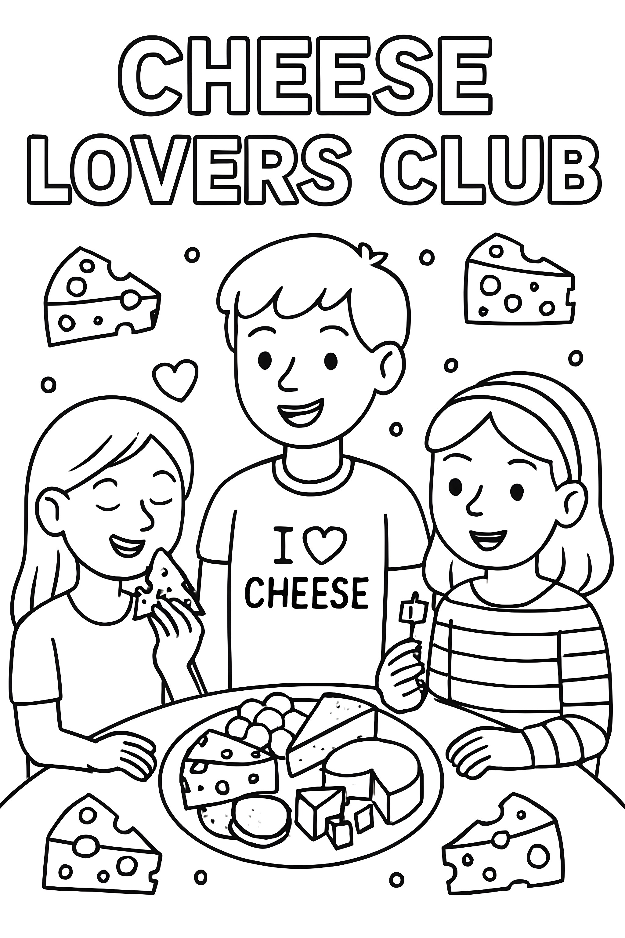 Coloring page of a cheese lovers club with kids enjoying cheese and a cheese platter on a table