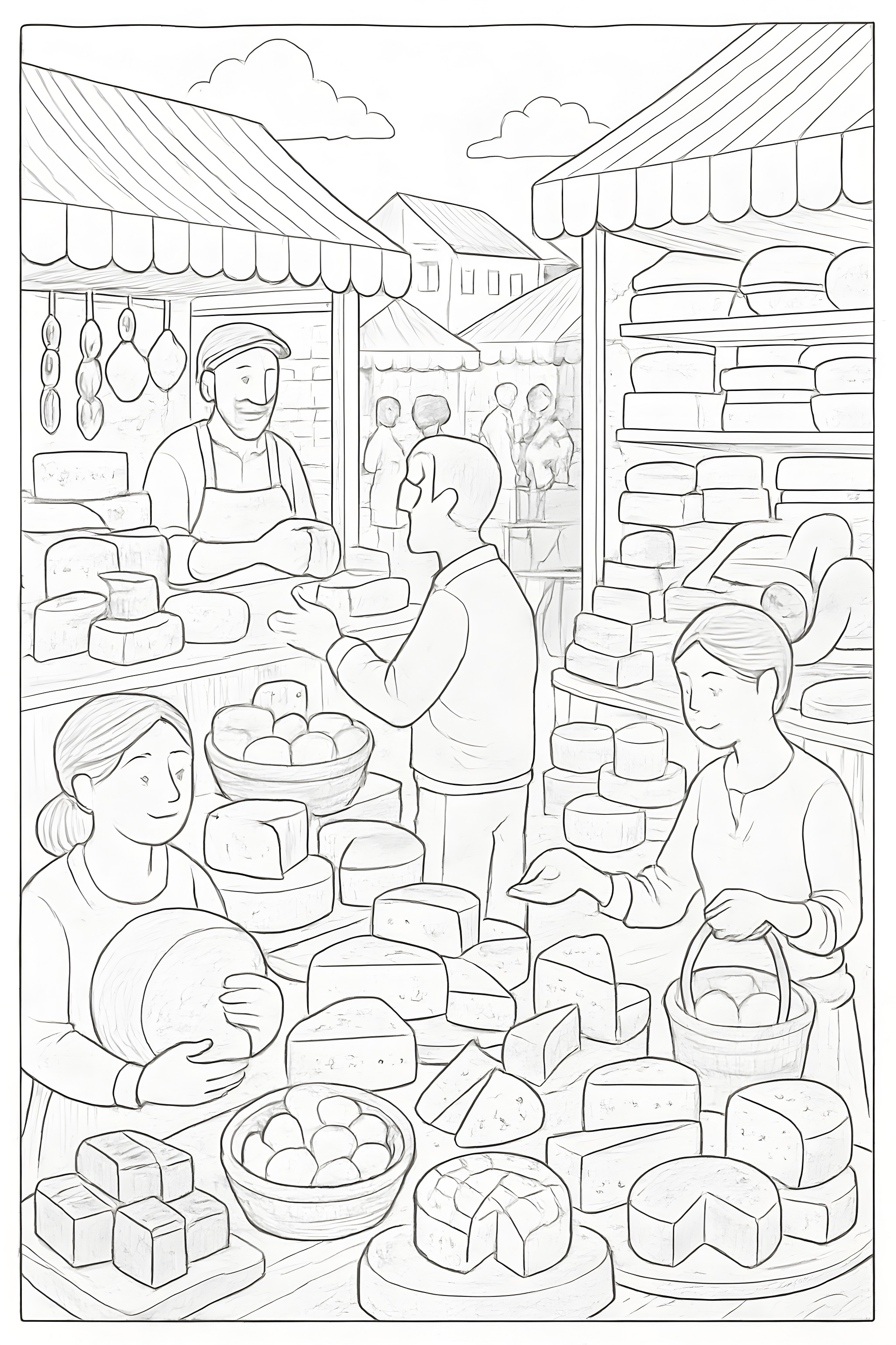 Design featuring a cheese market scene with various cheese stalls, a vendor, and customers interacting among various cheese blocks and wheels.