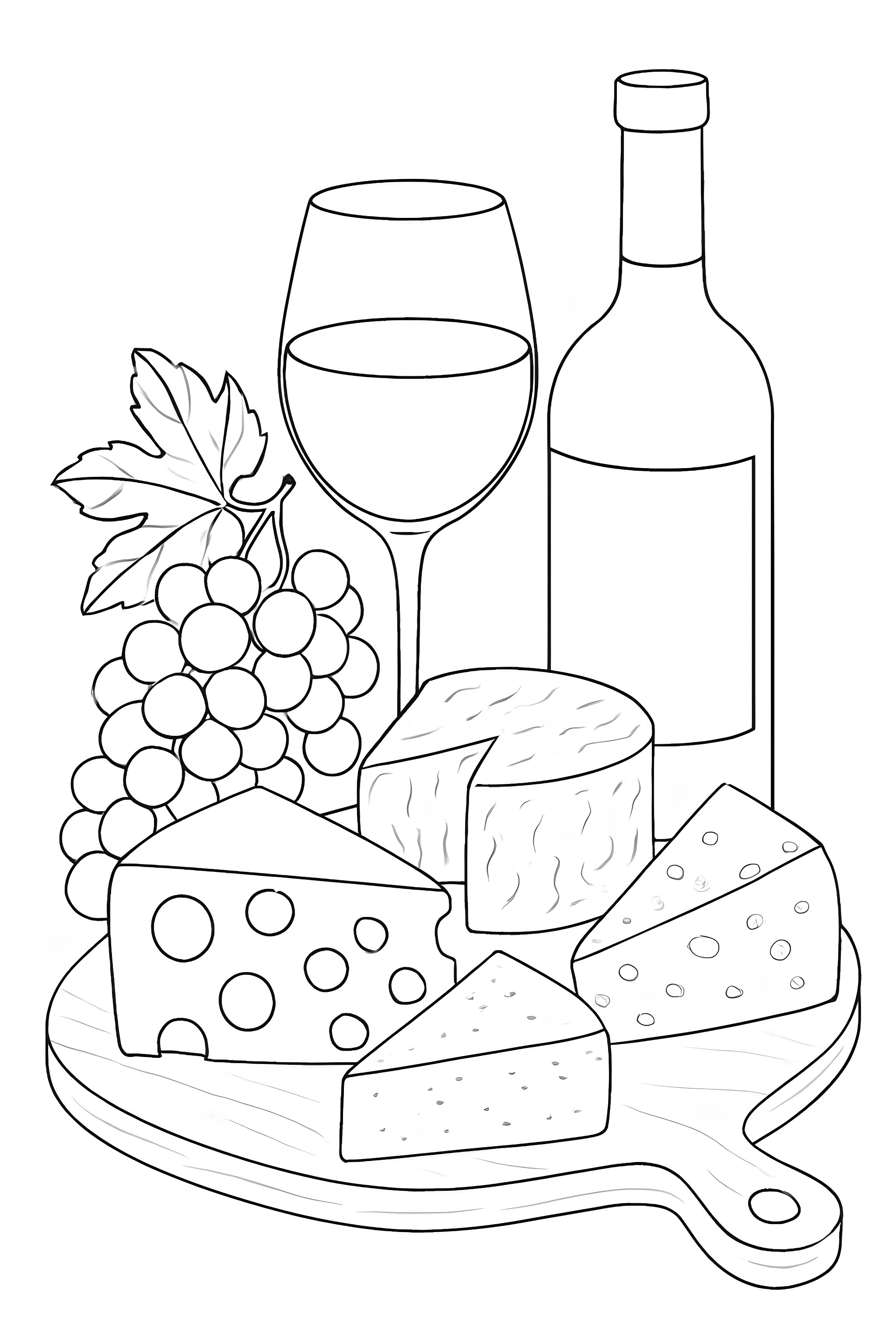 Coloring page featuring a cheese platter with various cheeses, a bottle of wine, a wine glass, and a cluster of grapes