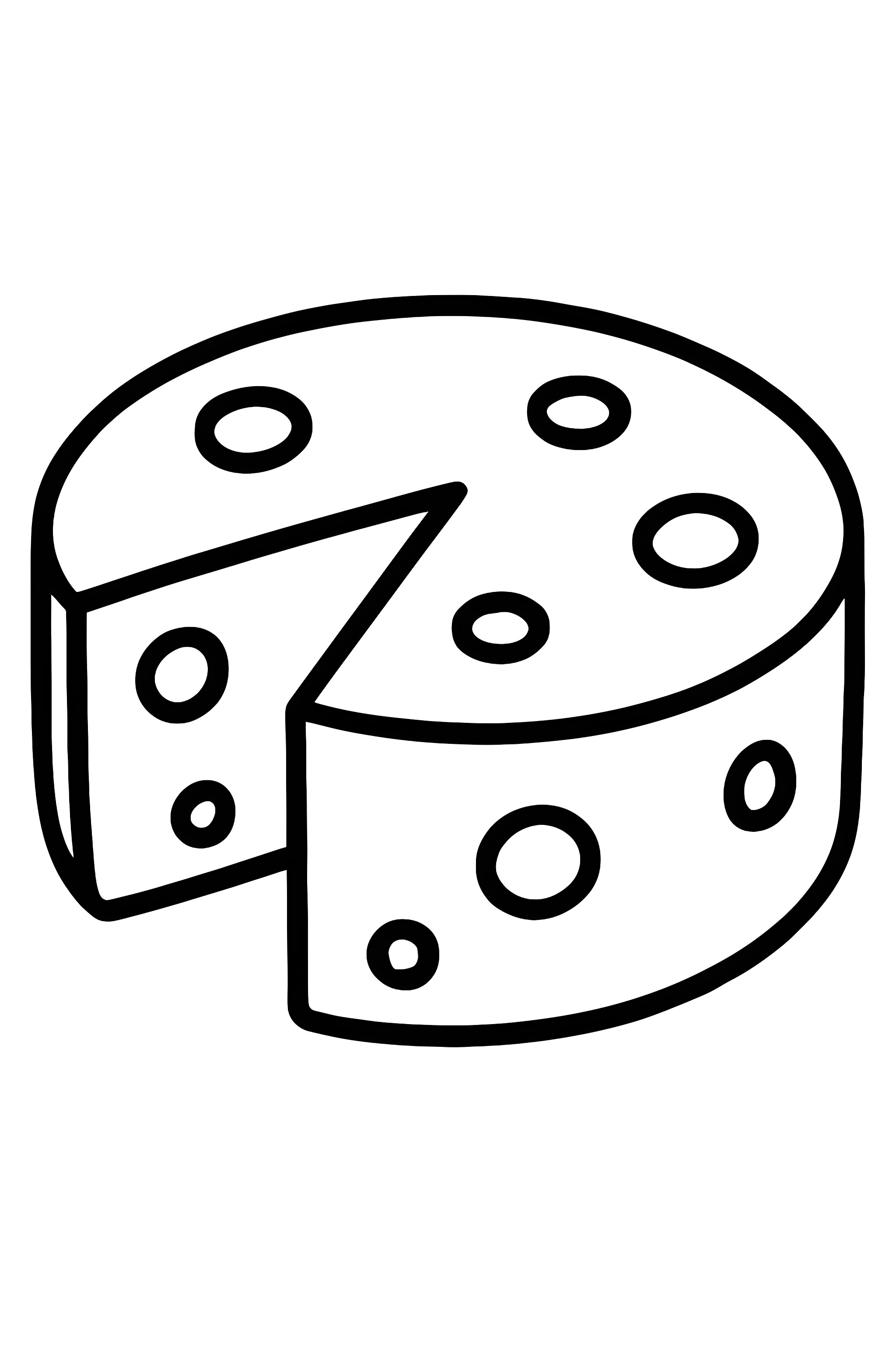 Coloring page of a cheese wheel featuring a wedge cut out and circular holes throughout the surface