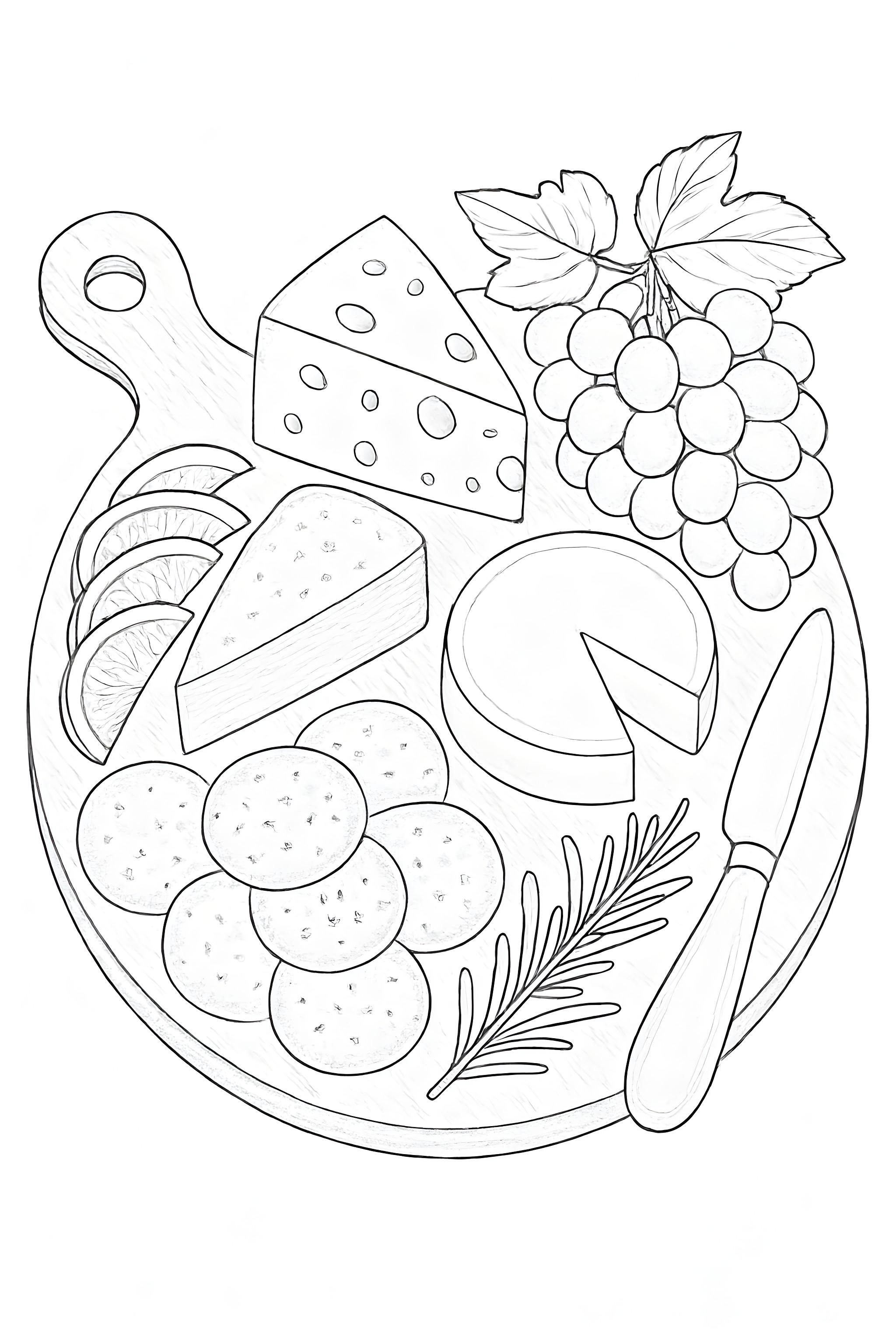 A cheeseboard featuring various cheeses, crackers, grapes, and a knife on a wooden cutting board