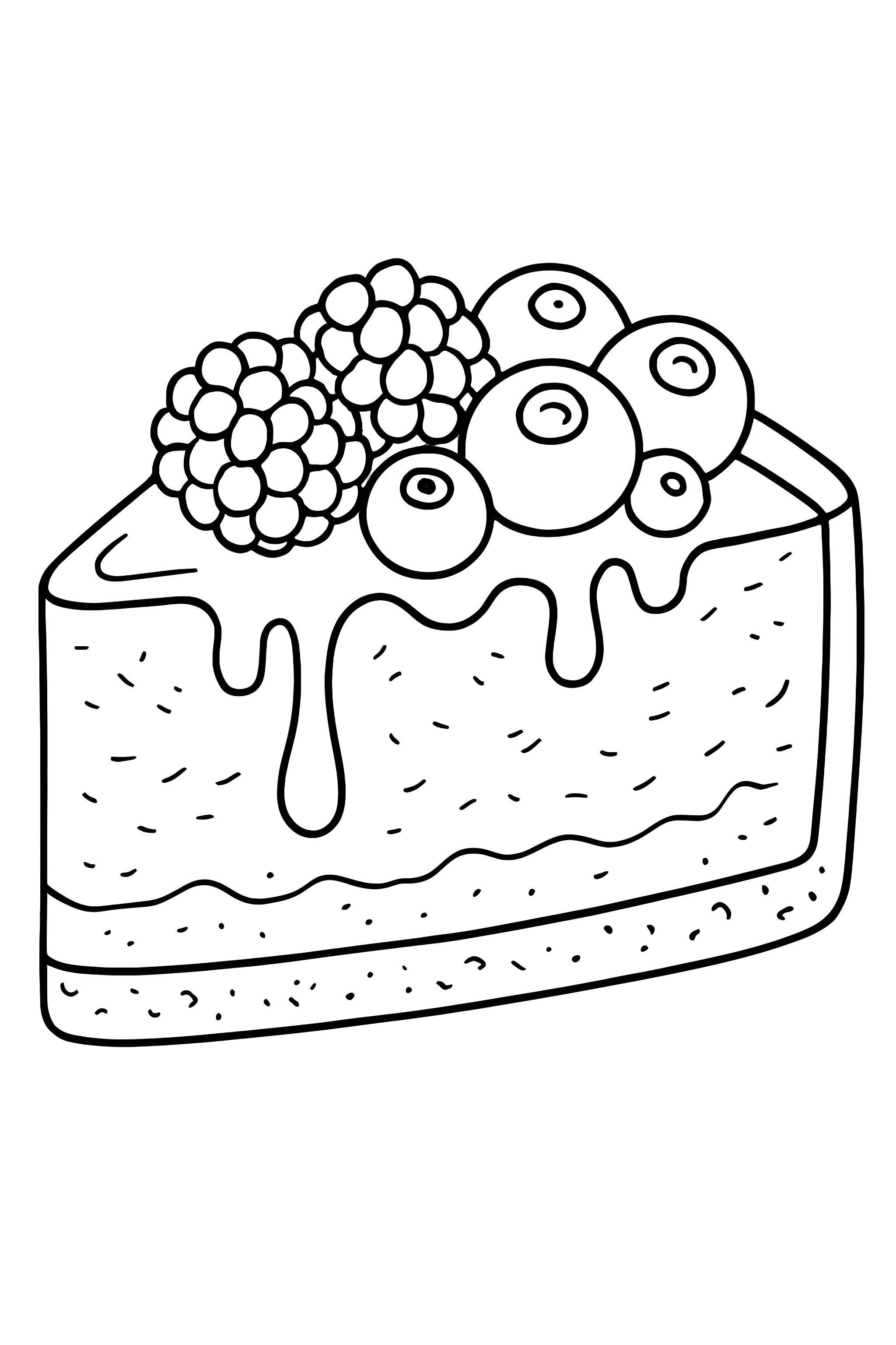 Coloring page of a slice of cheesecake featuring a mix of berries on top, including raspberries and blueberries, with a dripping glaze