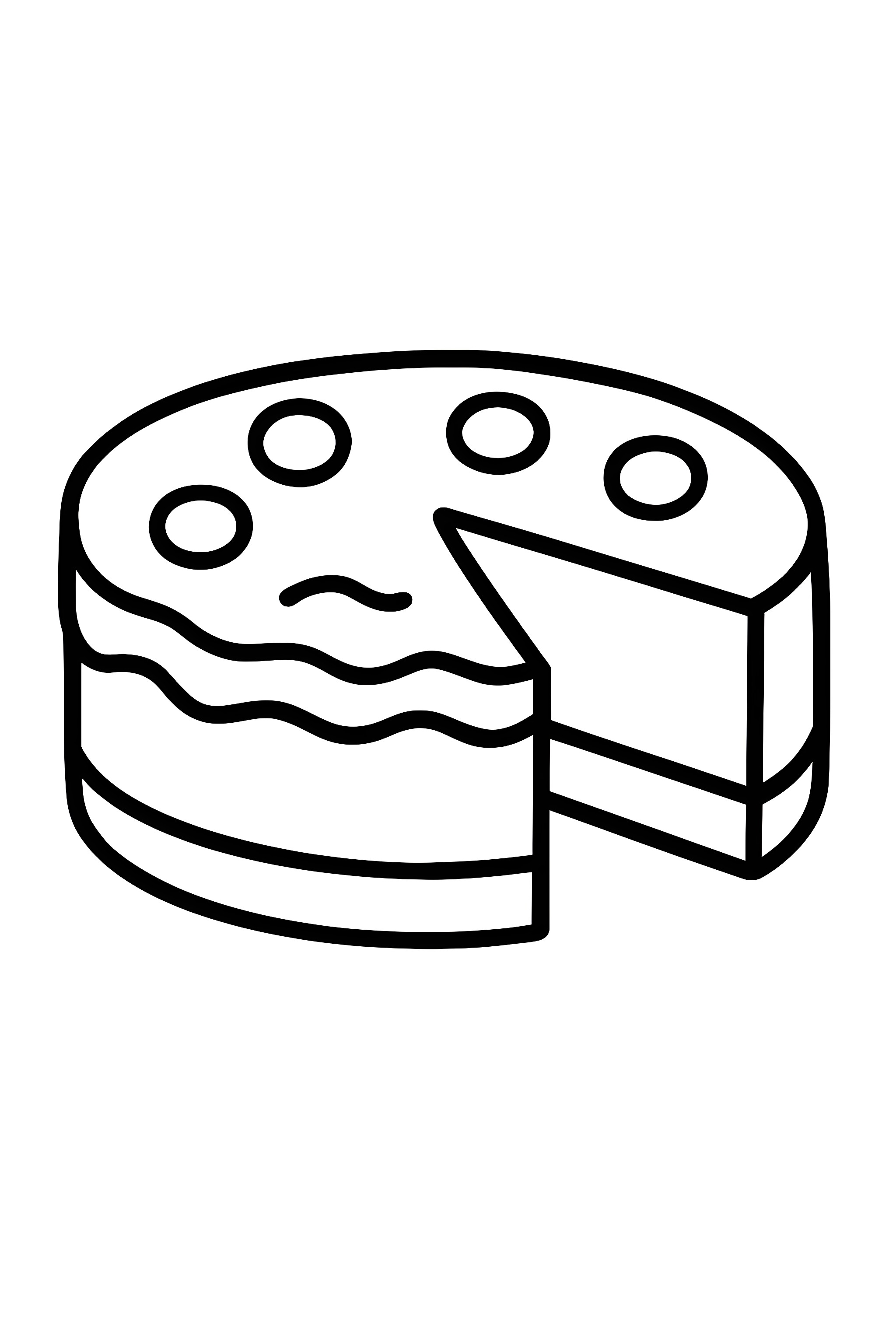 Coloring page of a cheesecake with one slice cut out, featuring a smooth top and decorative round base