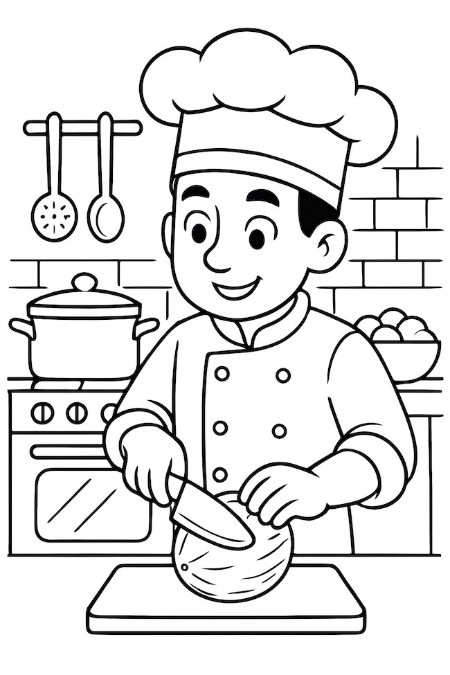 Coloring page of a chef in a kitchen slicing a coconut on a cutting board with kitchen utensils in the background