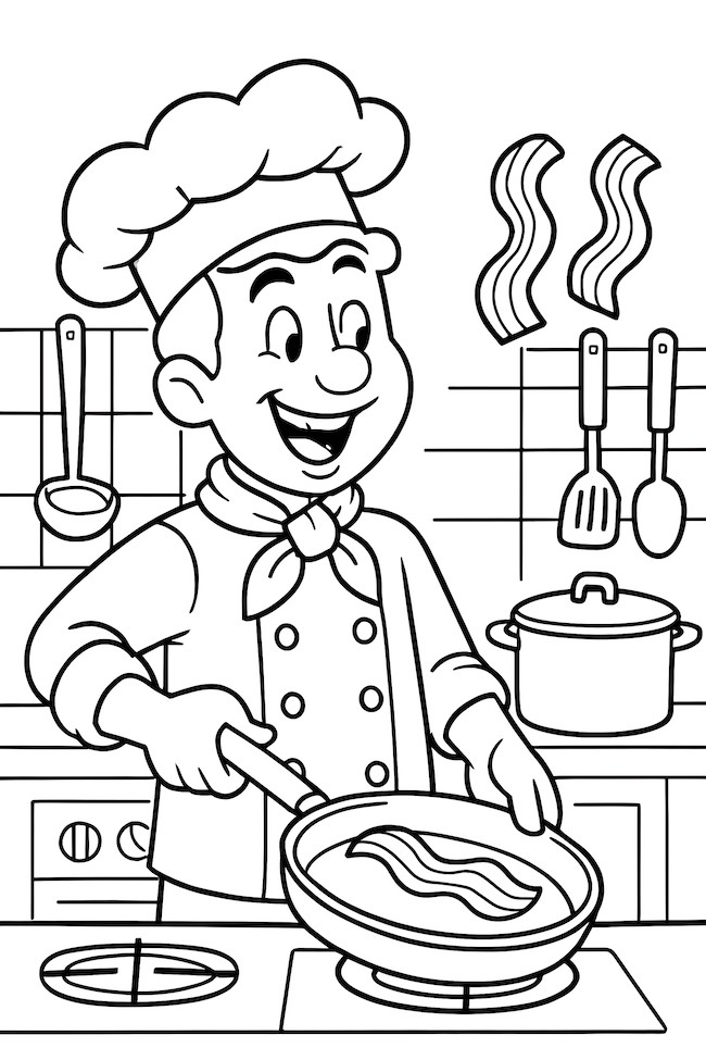 Coloring page of a chef happily flipping bacon in a skillet in a kitchen setting with utensils and a pot in the background.