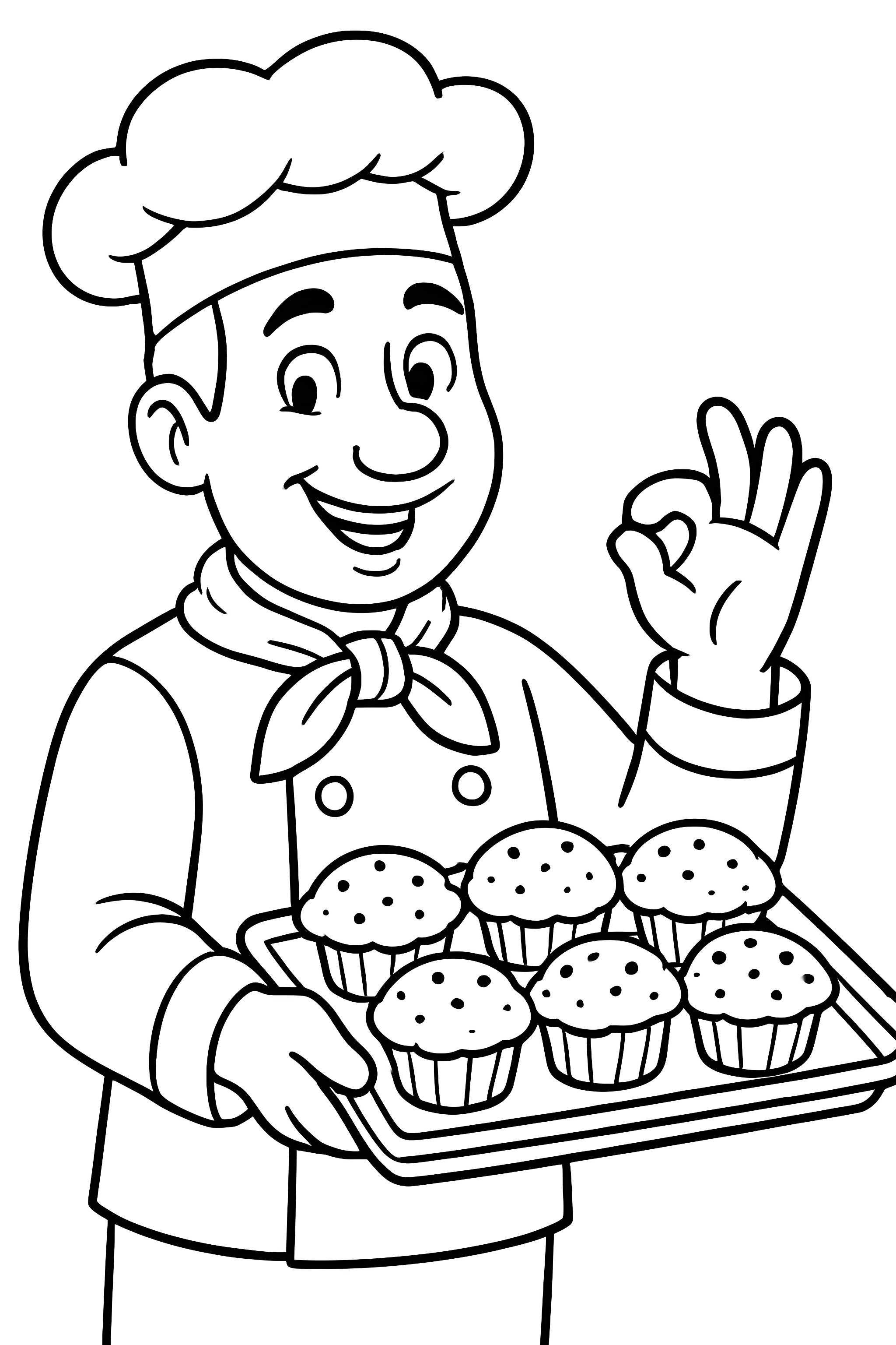 Coloring page featuring a chef with a tray of freshly baked muffins, smiling and showing an 'OK' gesture, with muffins decorated with dots