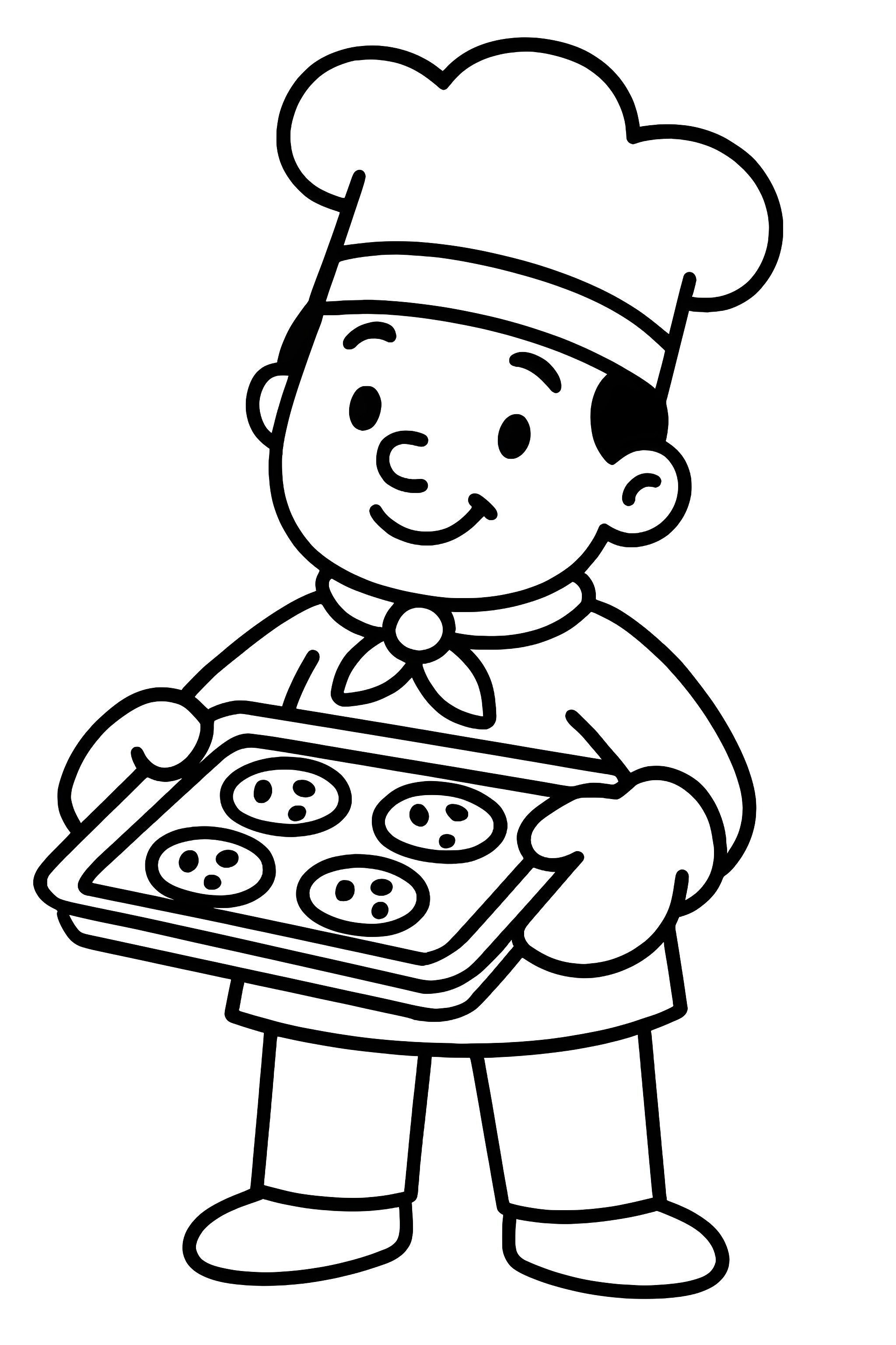 Coloring page of a chef in a hat holding a tray with four freshly baked cookies
