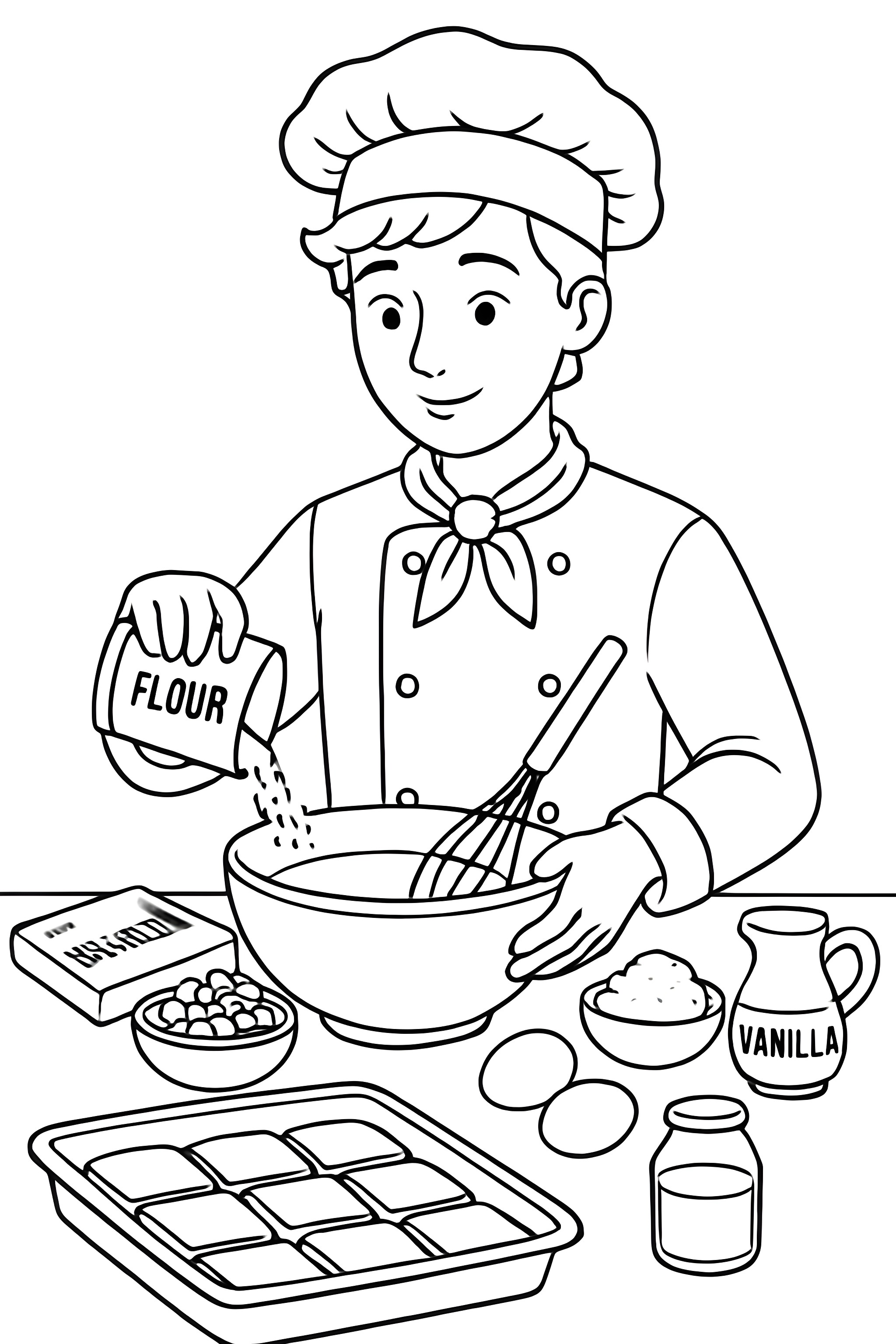 Coloring page depicting a chef pouring flour into a mixing bowl while surrounded by eggs, sugar, vanilla, and butter on a kitchen counter