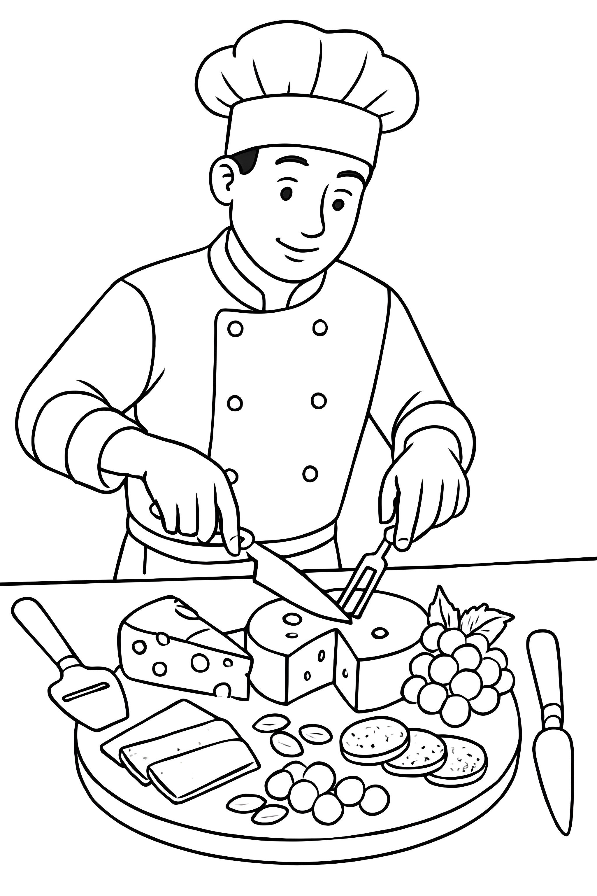 Coloring page depicting a chef slicing cheese on a platter with fruits and nuts.