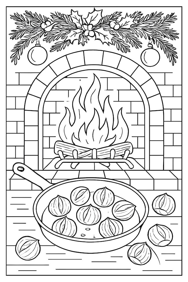 Coloring page featuring a pan of roasting chestnuts on a stove, with a visible flame and decorative holiday elements above