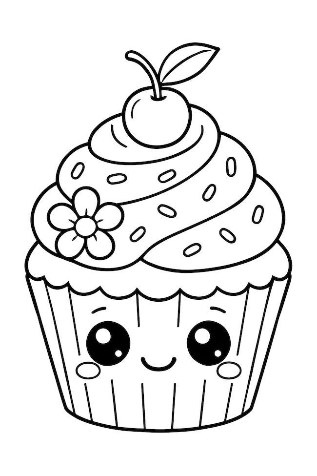 Coloring page of a chibi-style cupcake with a cherry on top and a smiling face