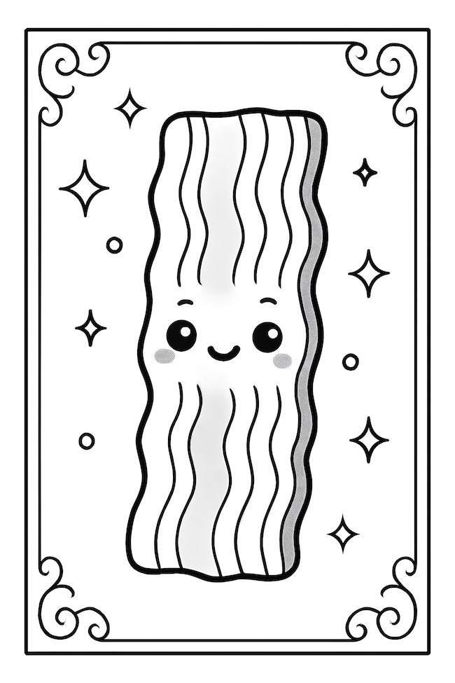 Coloring page of a chibi style bacon strip with a smiling face and decorative elements around it