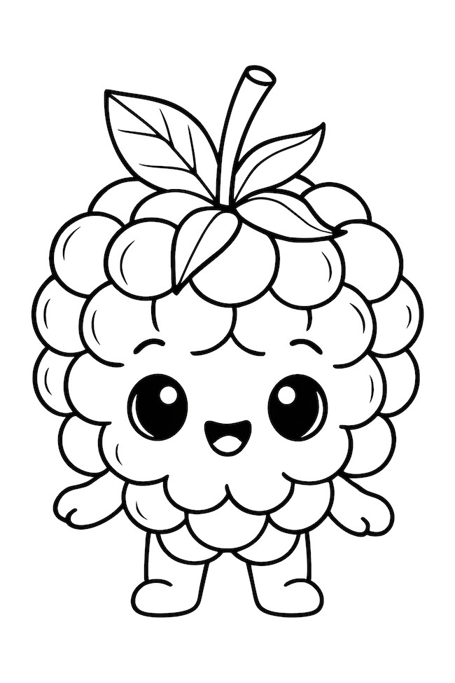 Coloring page of a chibi-style blackberry character with a smiling face and leafy top, standing upright with arms and legs