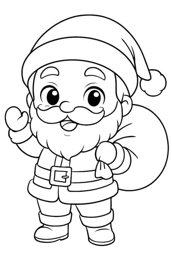 Coloring page of a chibi-style Santa Claus waving with a sack over his shoulder
