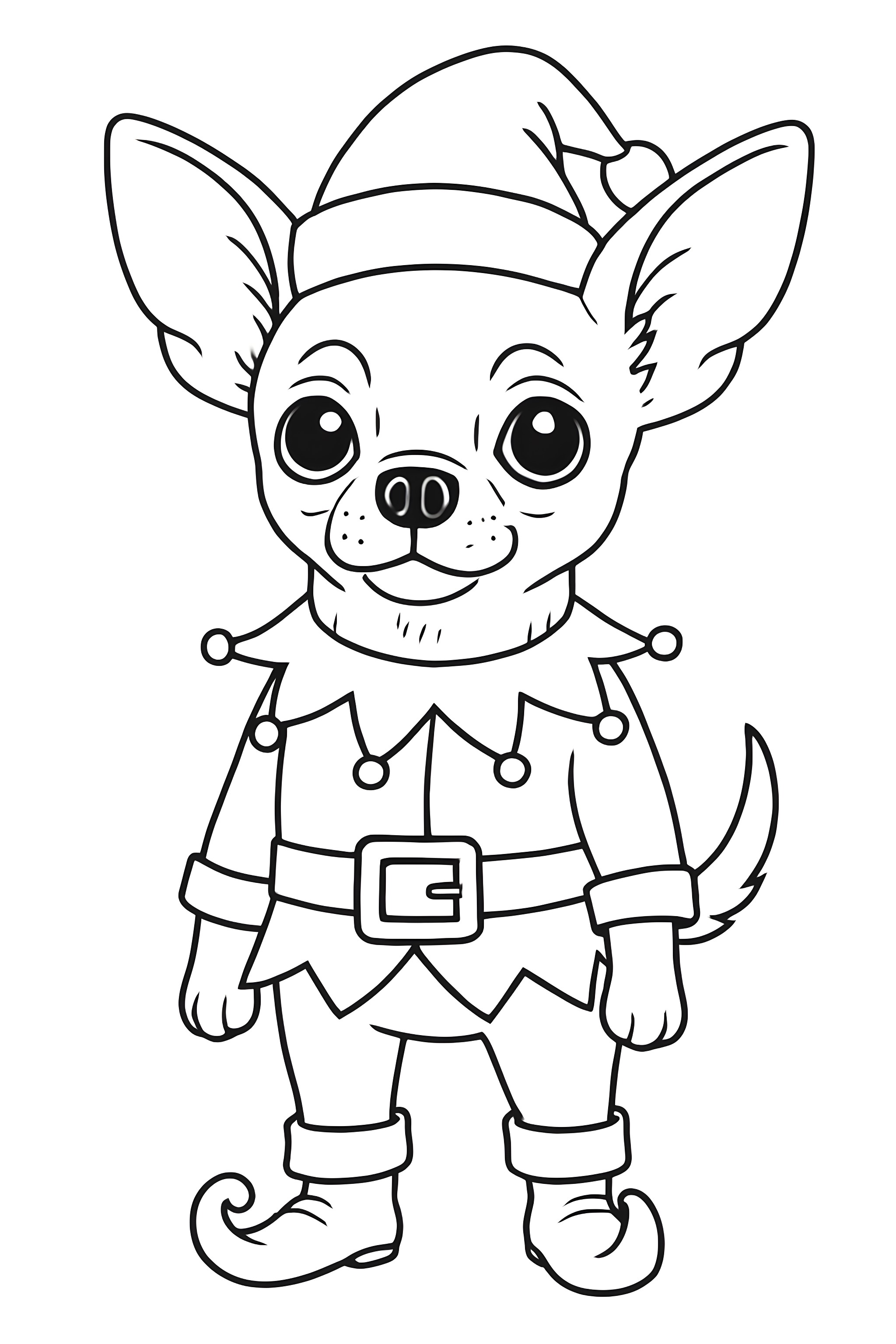 Coloring page featuring a Chihuahua dressed in a Christmas elf outfit with a hat and boots, showcasing festive attire with jingle bells