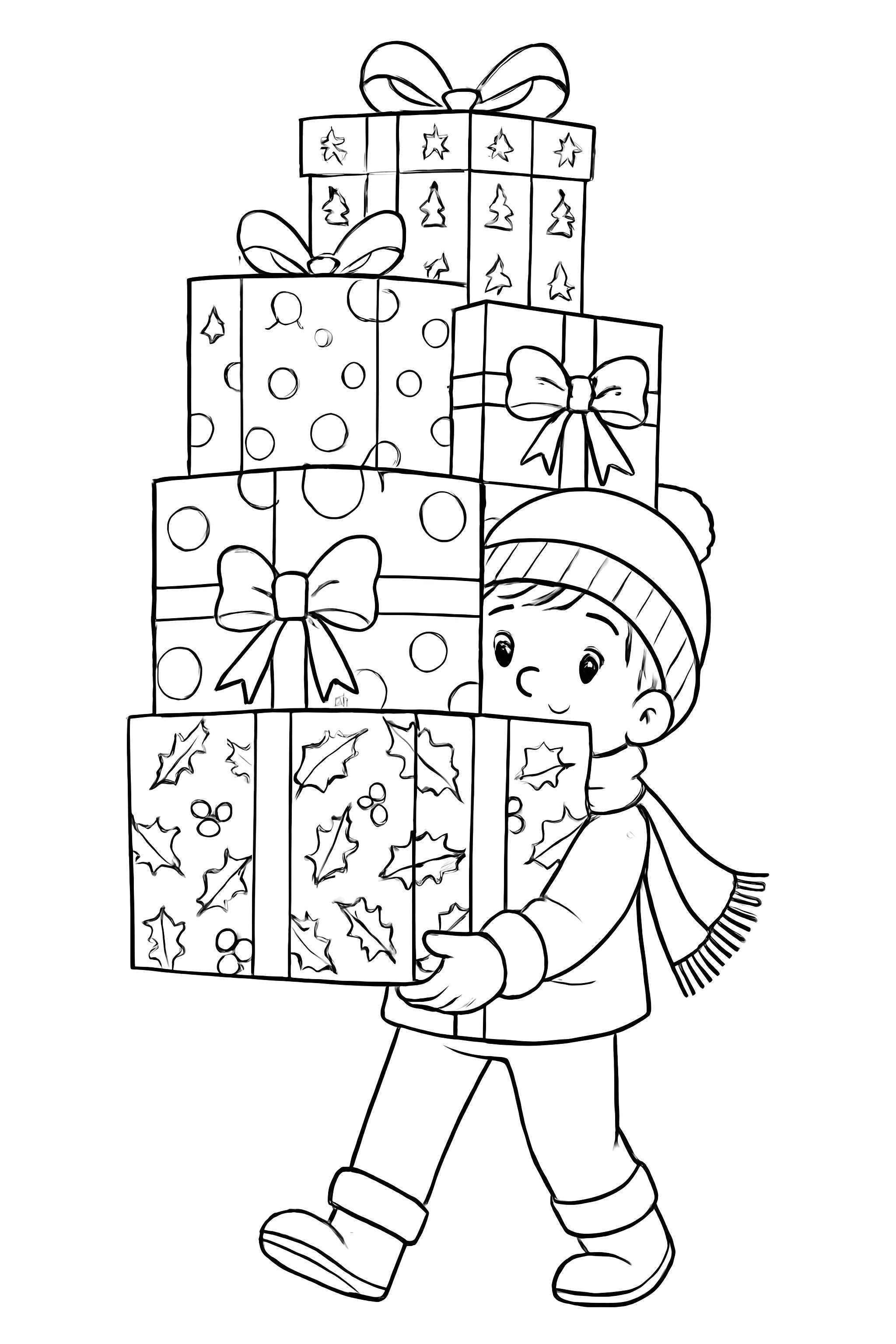 A child smiling while carrying a tall stack of Christmas presents adorned with bows and holiday patterns
