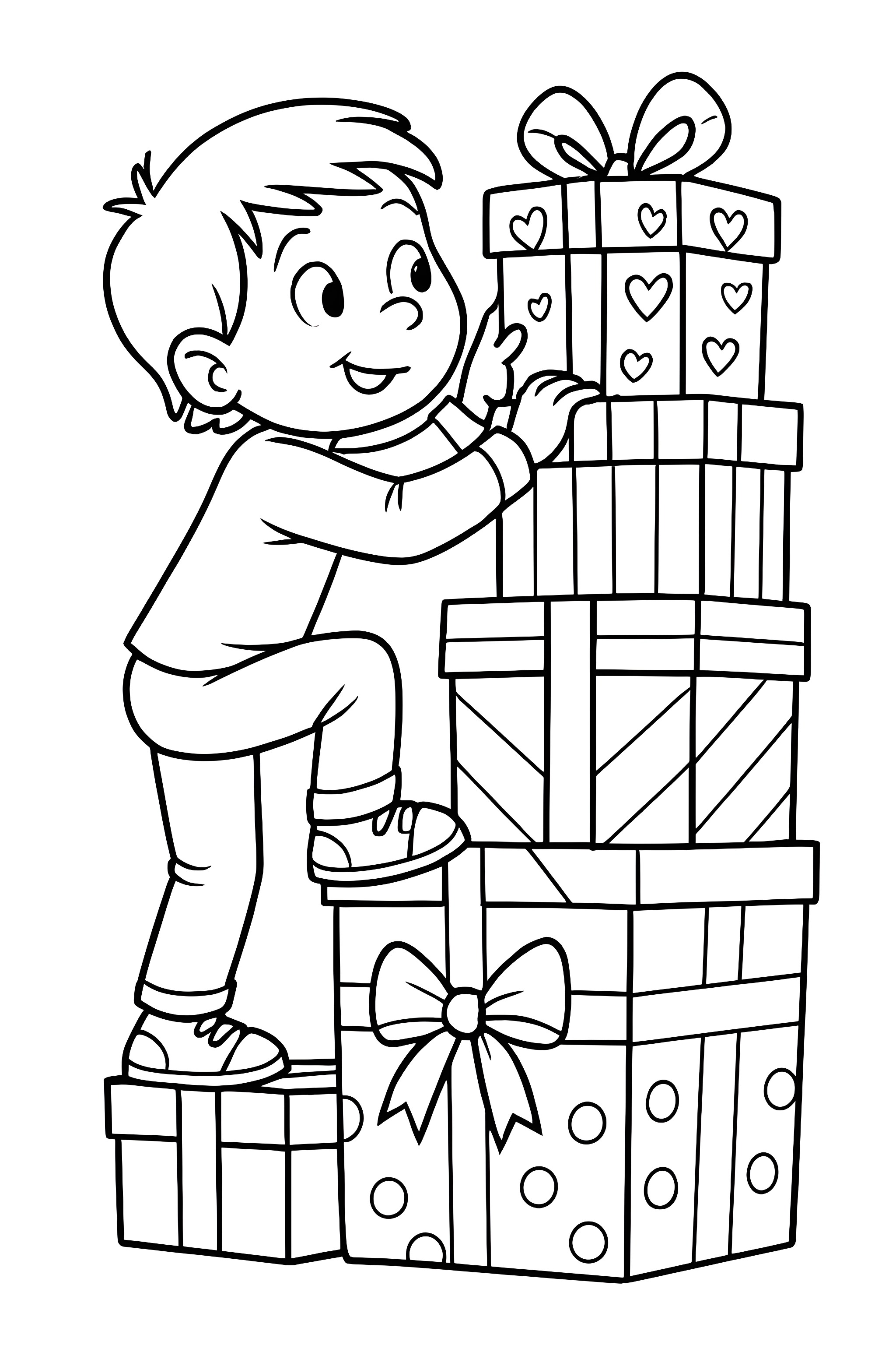 Coloring page of a child climbing a stack of presents to peek at the topmost gift decorated with hearts and bows