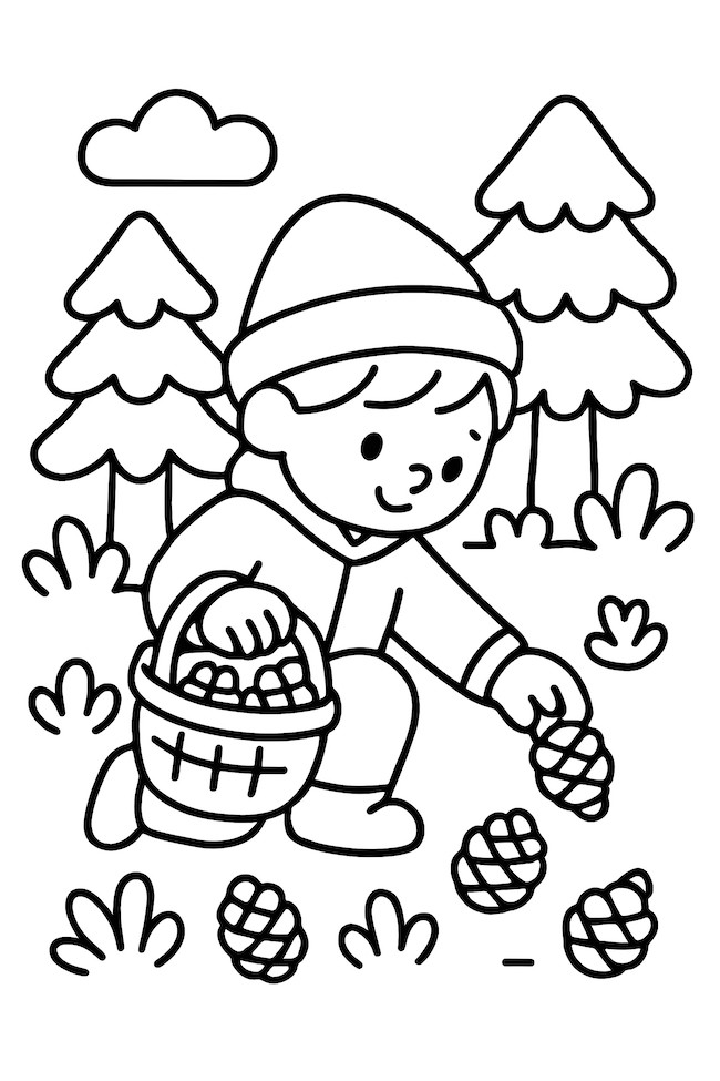 Coloring page of a child in a winter hat collecting pinecones with a wicker basket in a forest setting