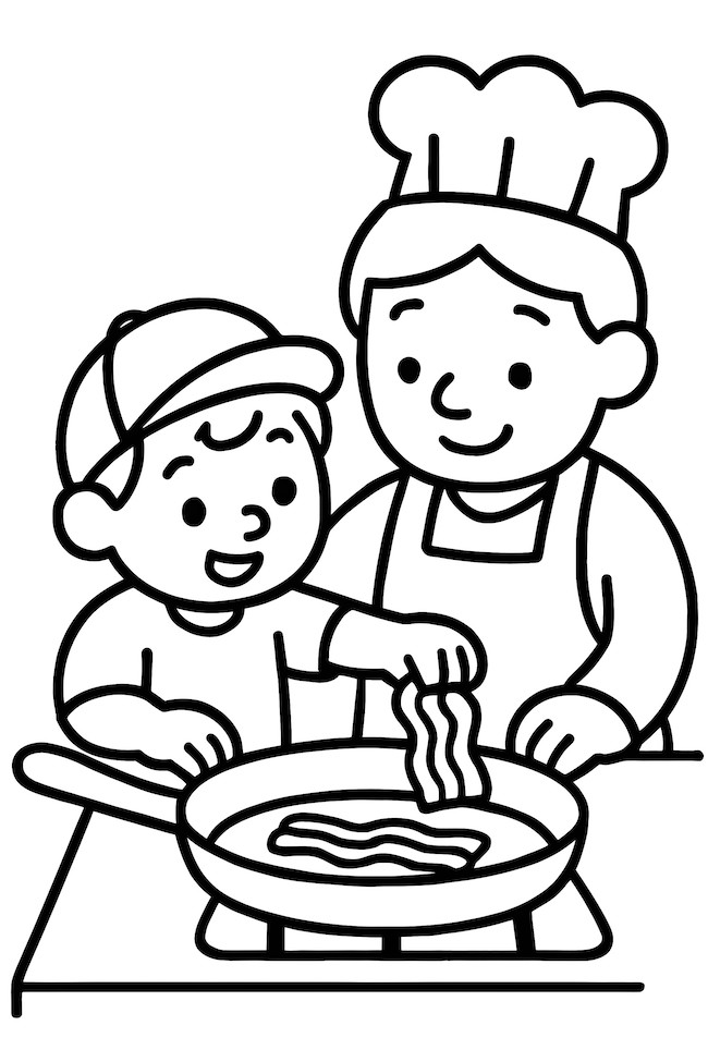 Coloring page of a child placing bacon into a frying pan with the help of a parent wearing a chef's hat and apron