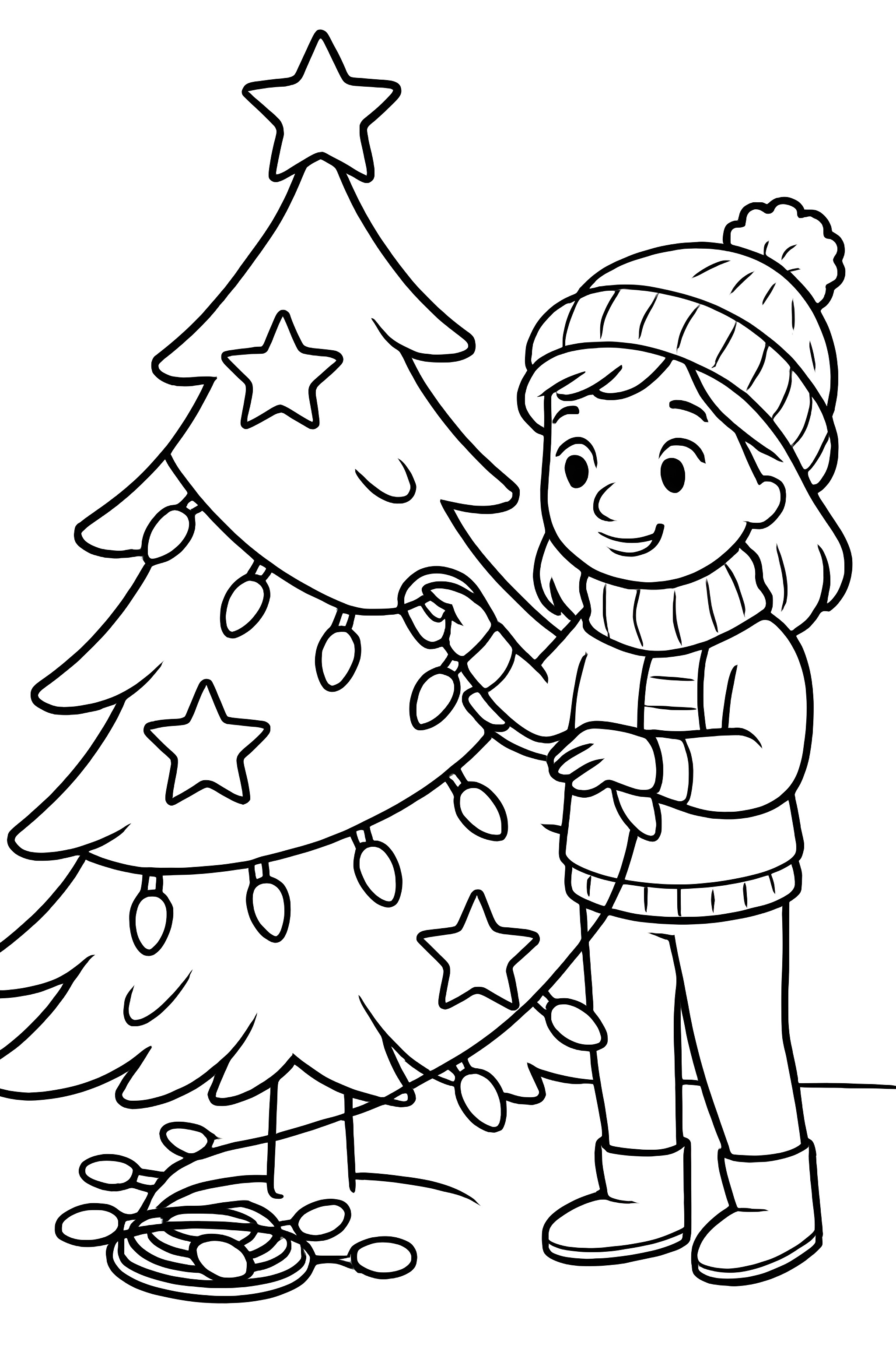 Coloring page of a child happily wrapping Christmas lights around a decorated tree with stars and a tangle of lights on the ground
