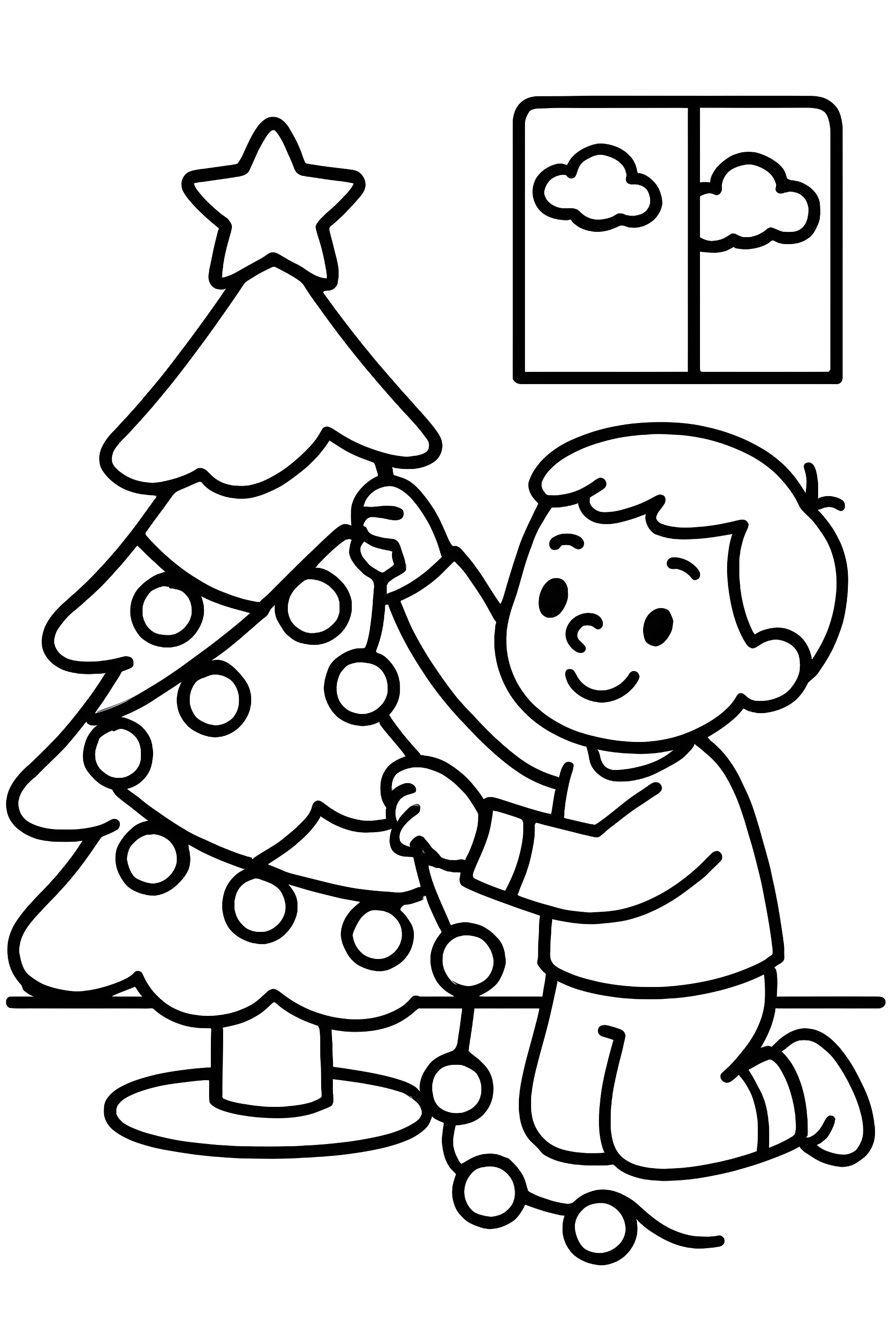 Coloring page of a child stringing colorful Christmas lights around a decorated tree indoors with a window showing clouds