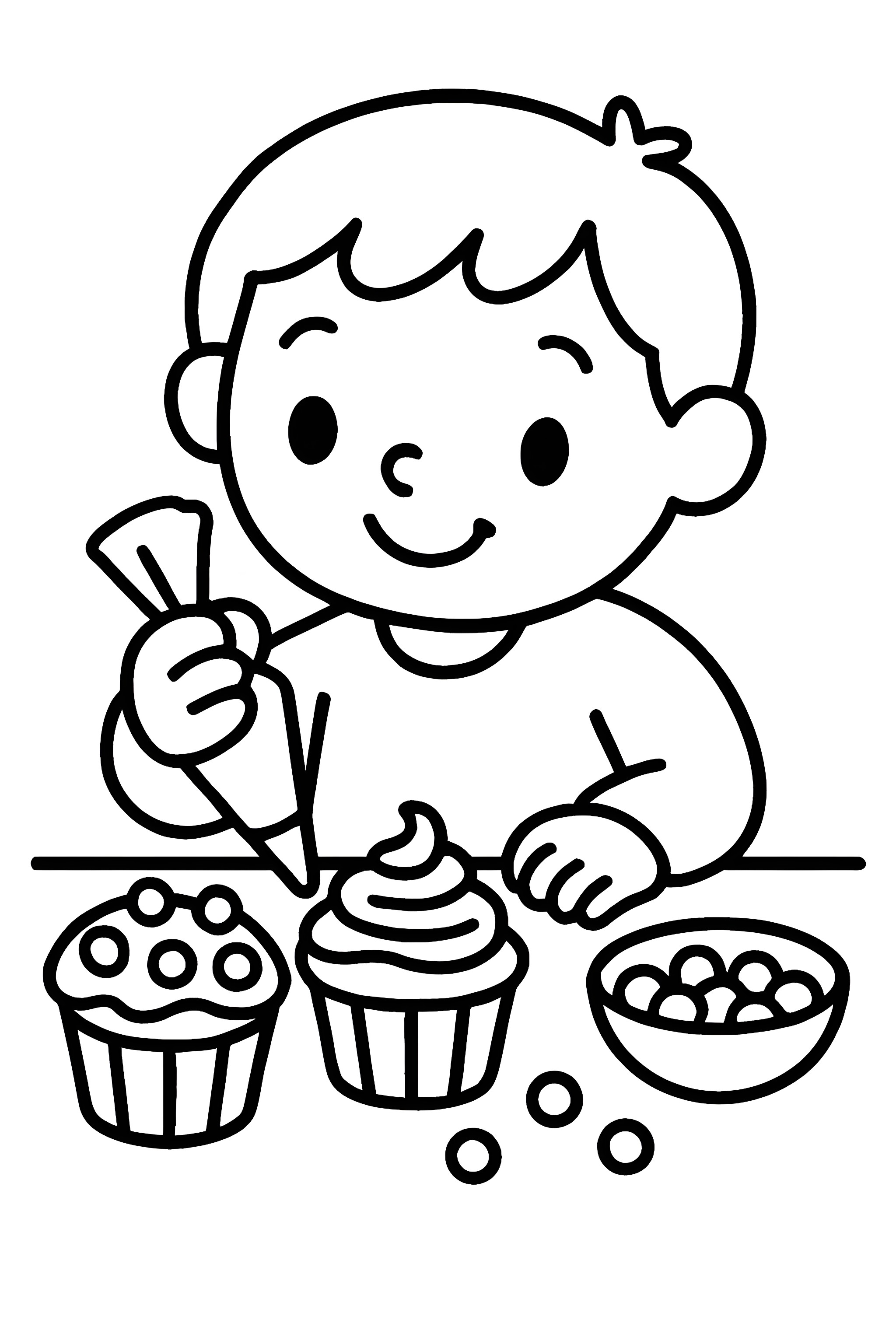 Coloring page featuring a young child decorating muffins with colorful icing and various candies on a table.