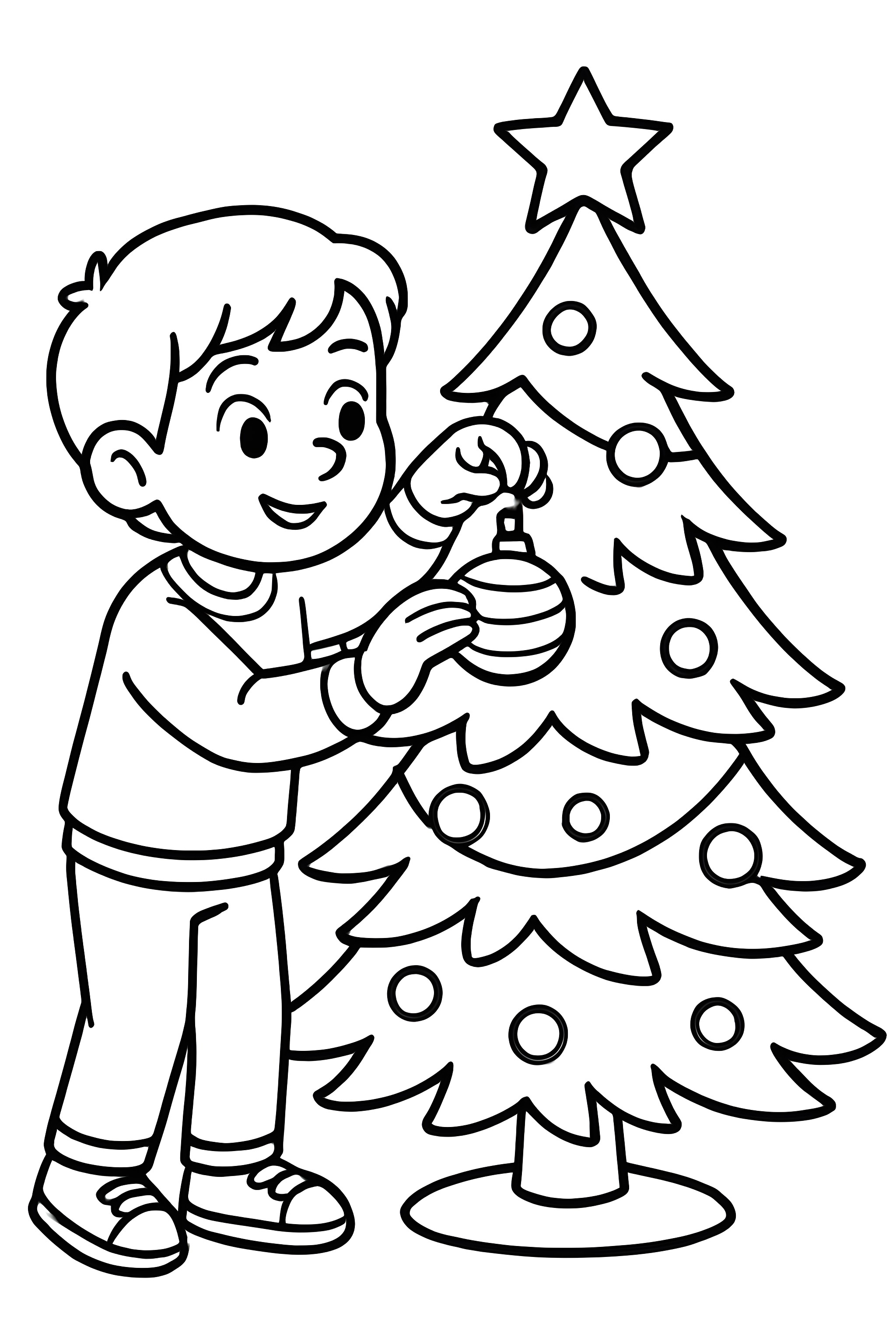 A child hanging a Christmas ornament on a decorated tree with polka dots and a star on top