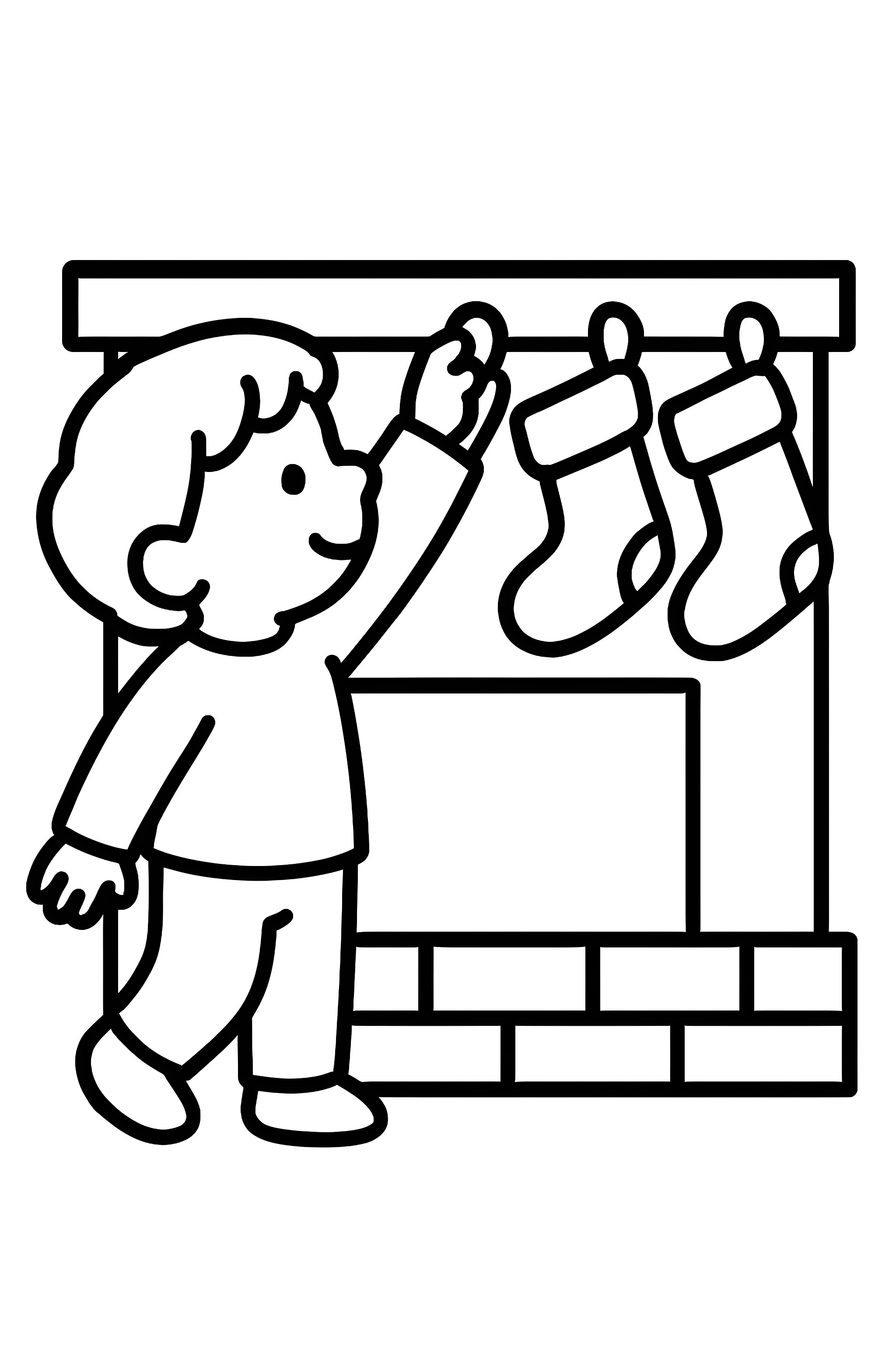 Coloring page of a child joyfully placing stockings on a brick fireplace mantel with three hanging stockings above