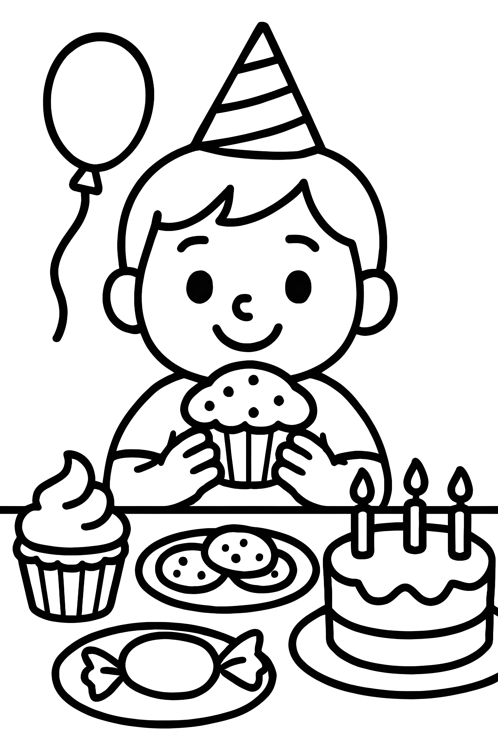 Coloring page of a child in a party hat holding a muffin, surrounded by cupcakes, cookies, and a birthday cake with candles