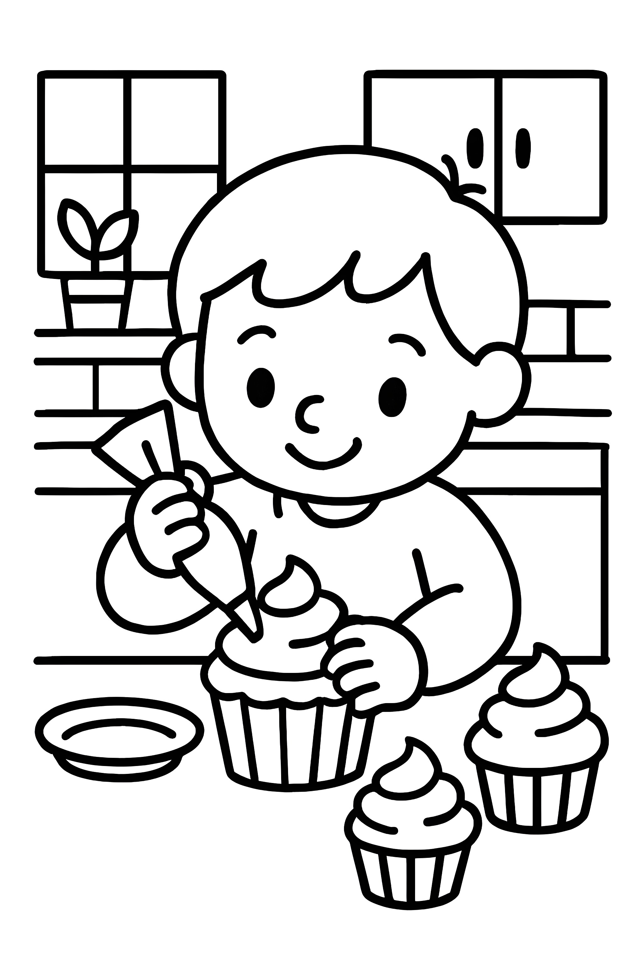 Coloring page of a child icing cupcakes in a kitchen setting with window and potted plant