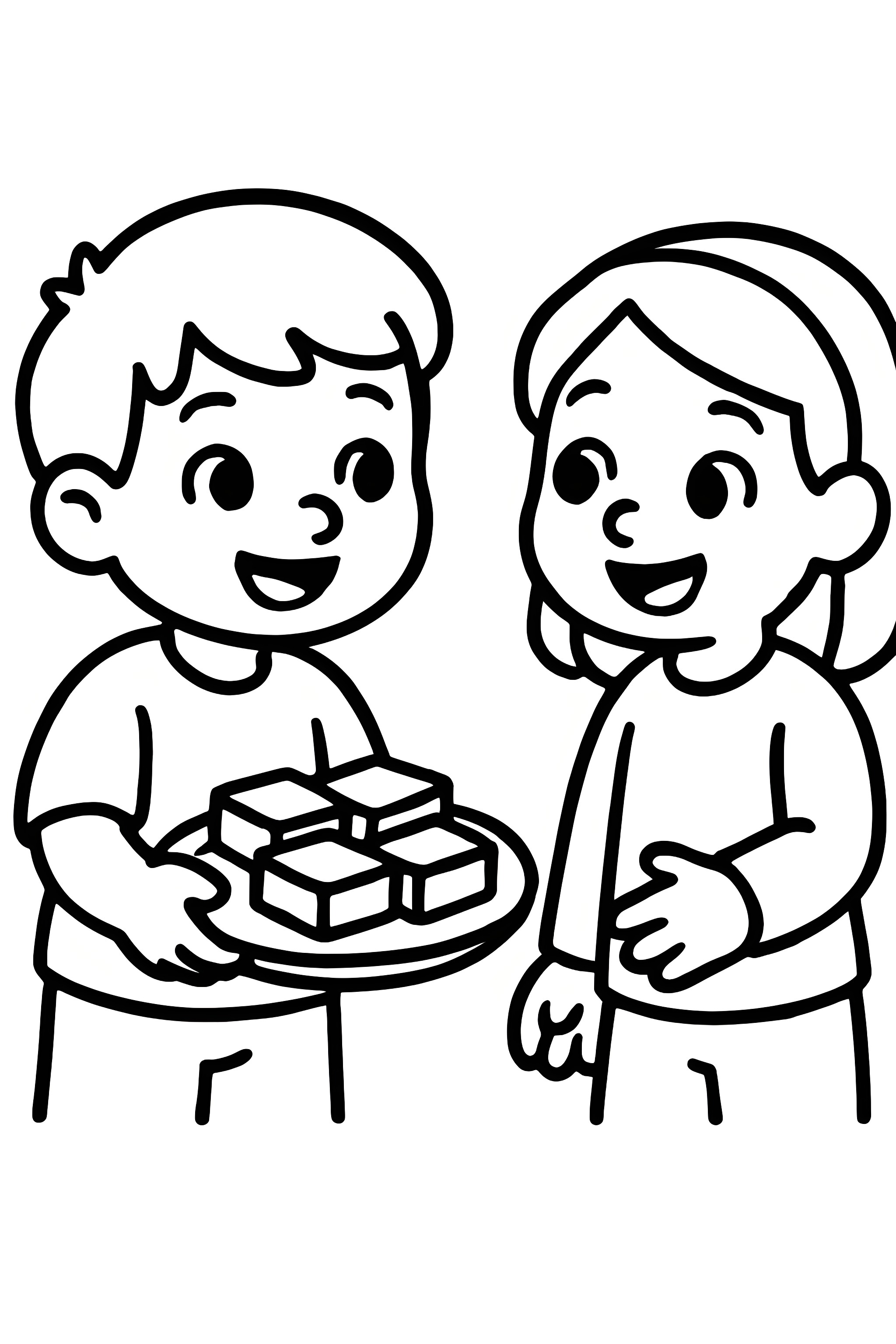 Coloring page featuring a child presenting a plate of brownies to a smiling friend.
