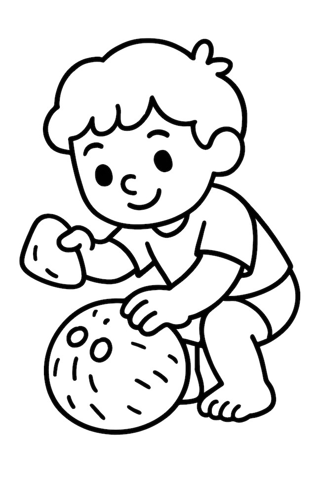 Coloring page of a child squatting with a rock next to a coconut, focused on opening it.