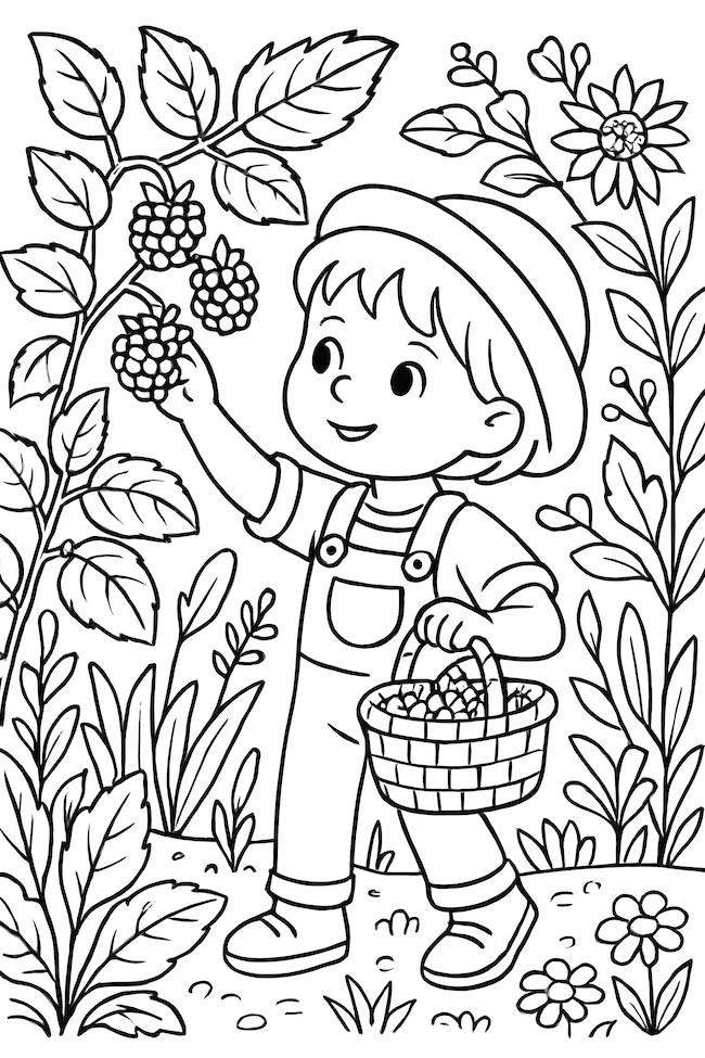 Coloring page of a small child picking blackberries from a bush, with a basket in hand and surrounded by flowers and greenery
