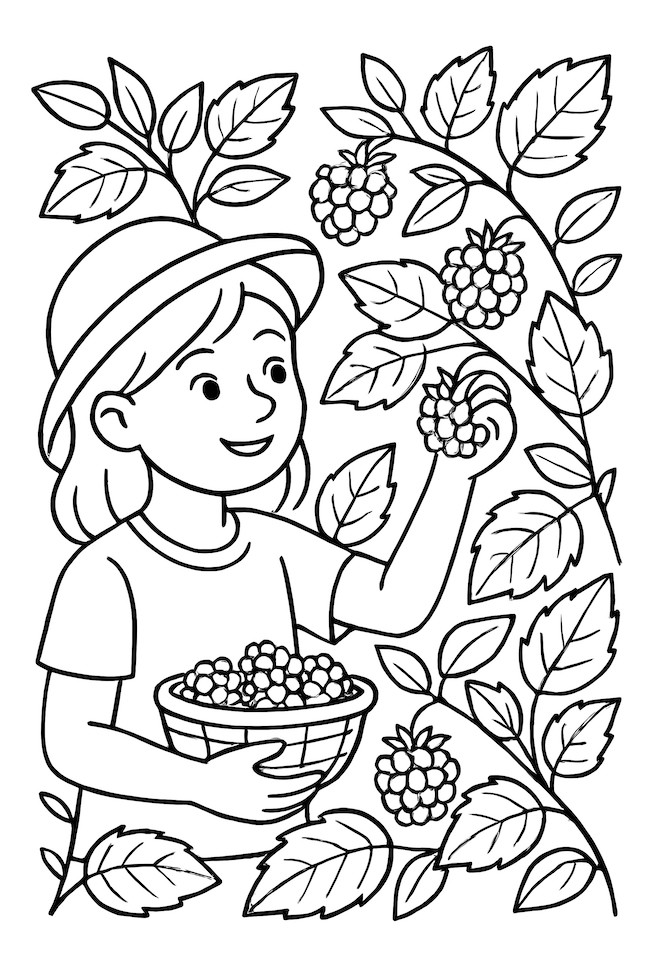 Coloring page of a child picking blackberries from a bush while holding a basket filled with berries