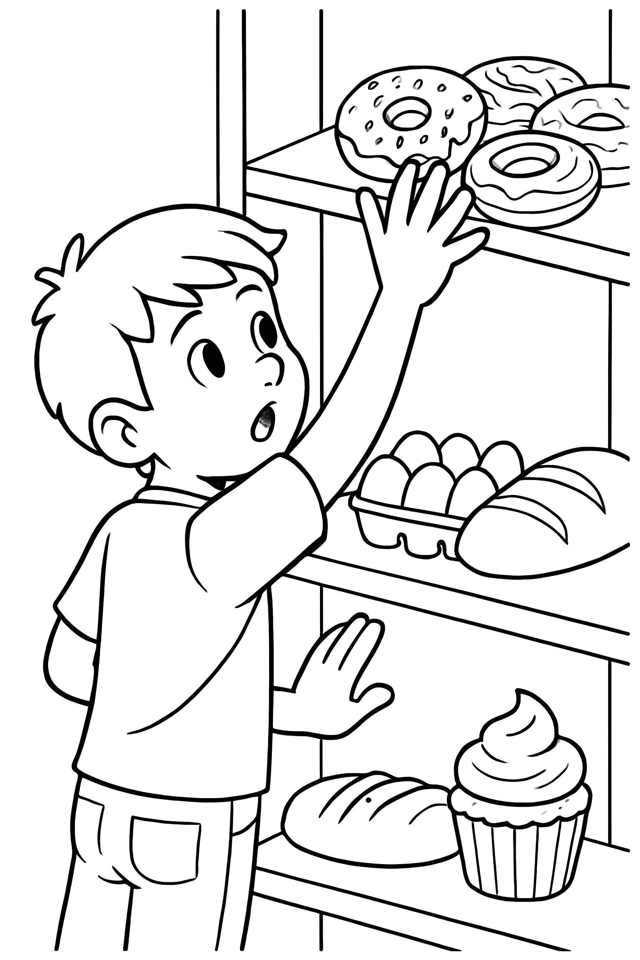 Coloring page featuring a child reaching for a donut on a high shelf with various baked goods below