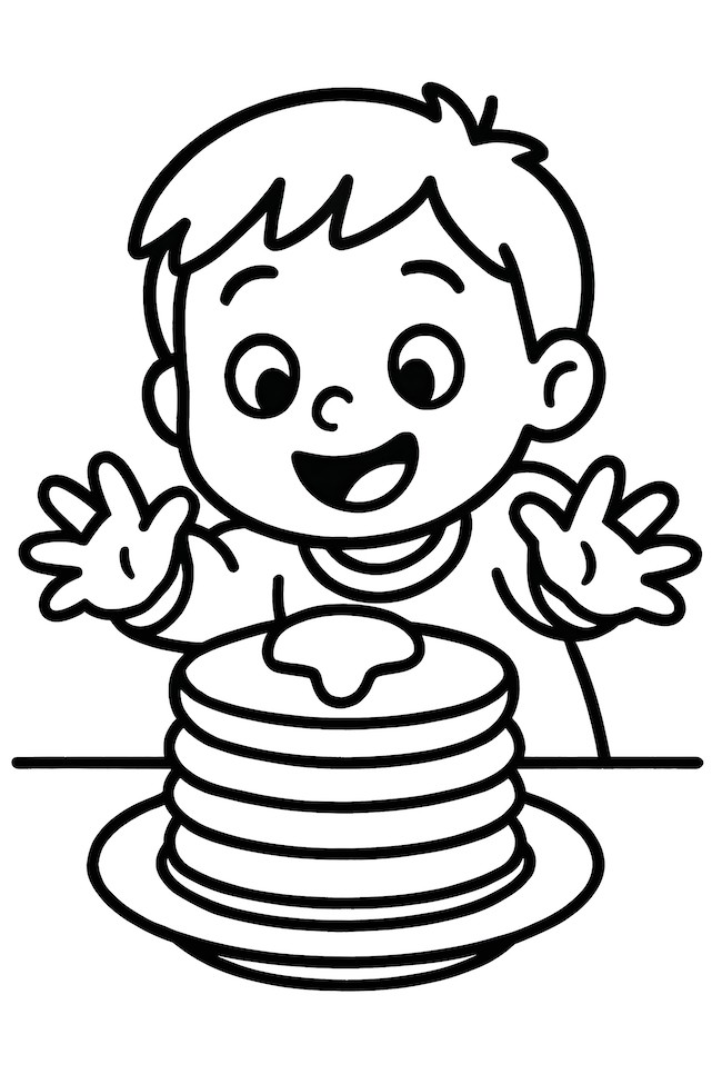 Coloring page of a child excitedly reaching for a stack of pancakes topped with syrup on a plate