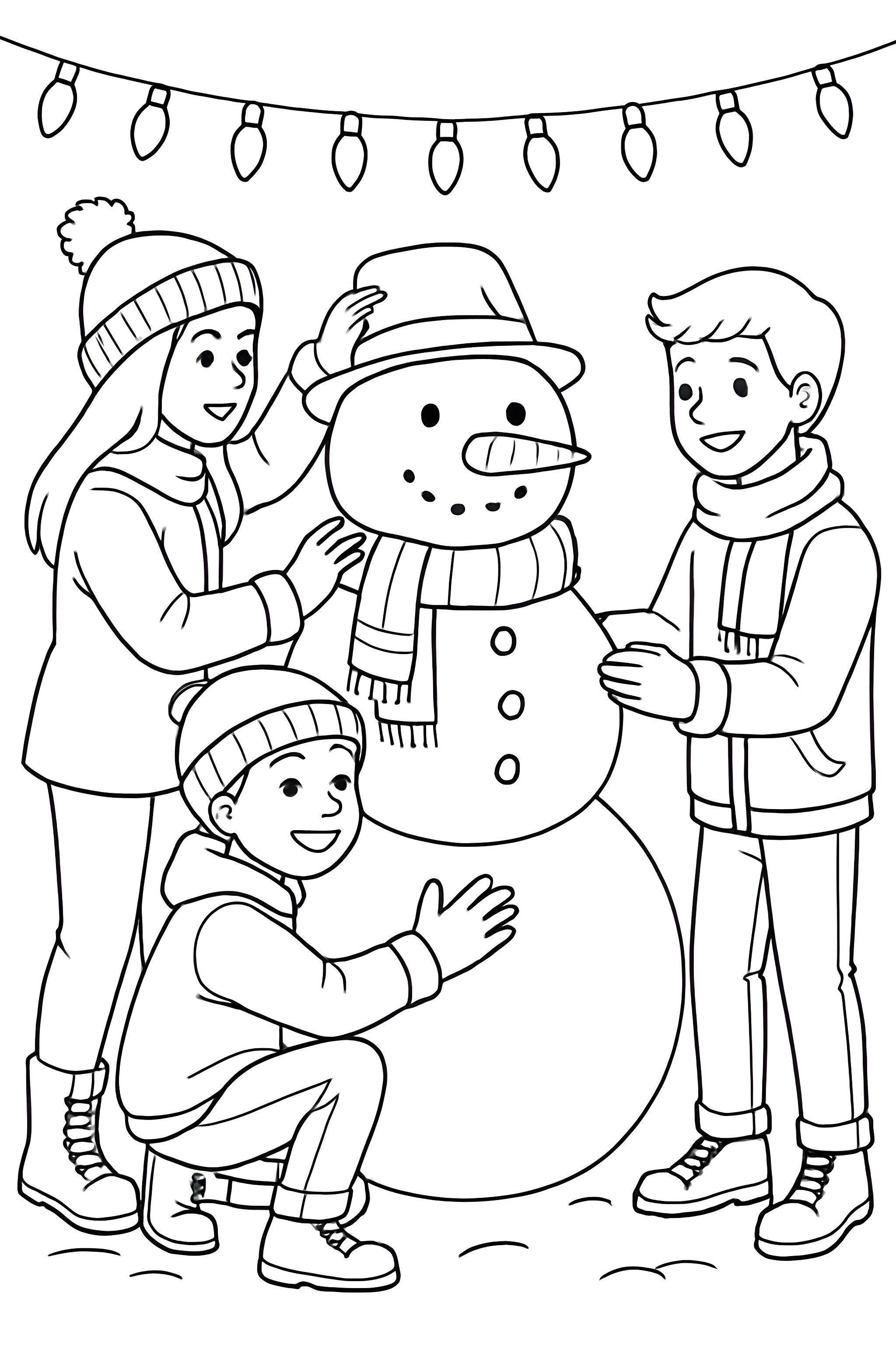 Coloring page of children building a snowman under colorful Christmas lights with hats and scarves