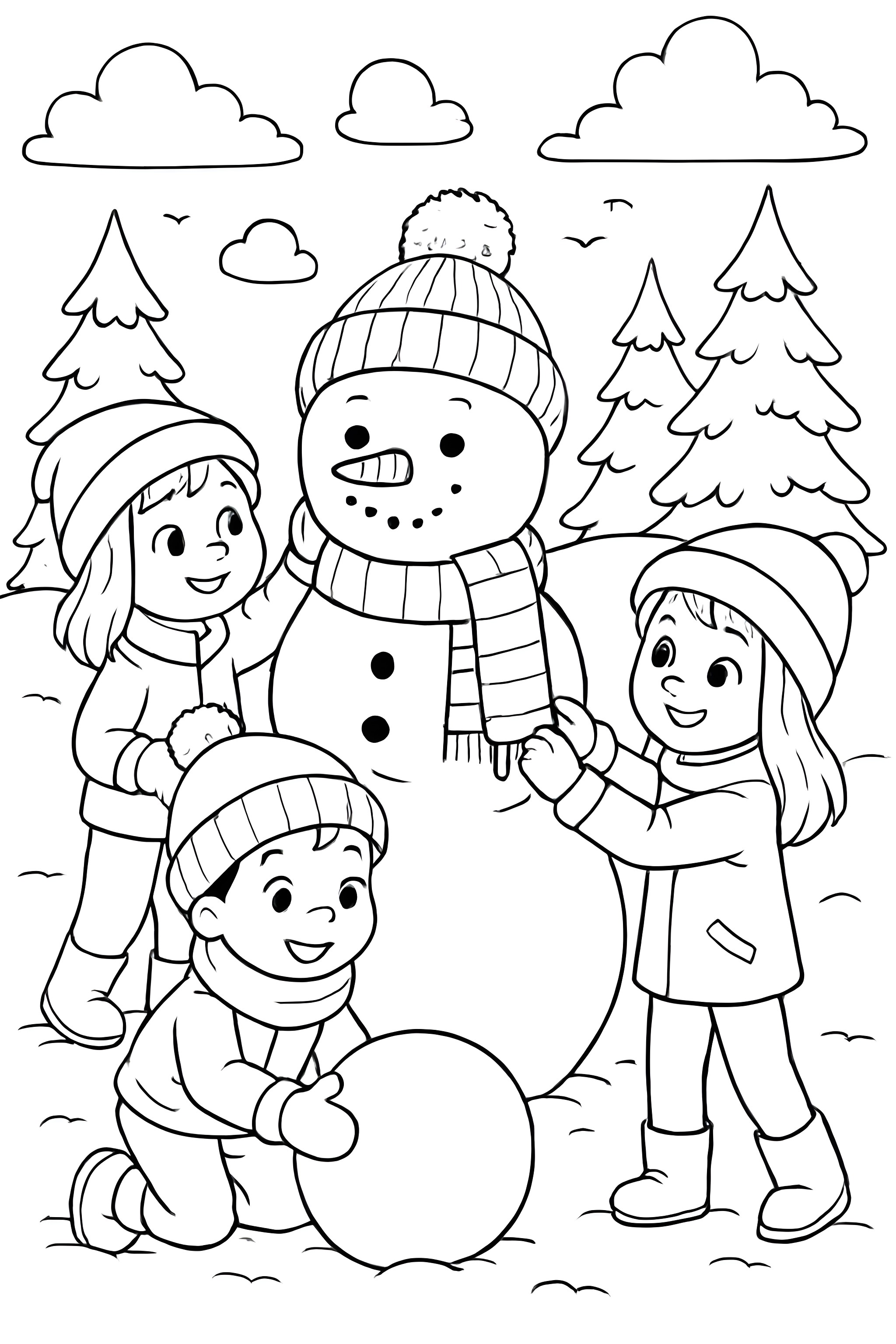 Coloring page depicting children assembling a snowman with a carrot nose, scarf, and hat in a snowy landscape with trees and clouds